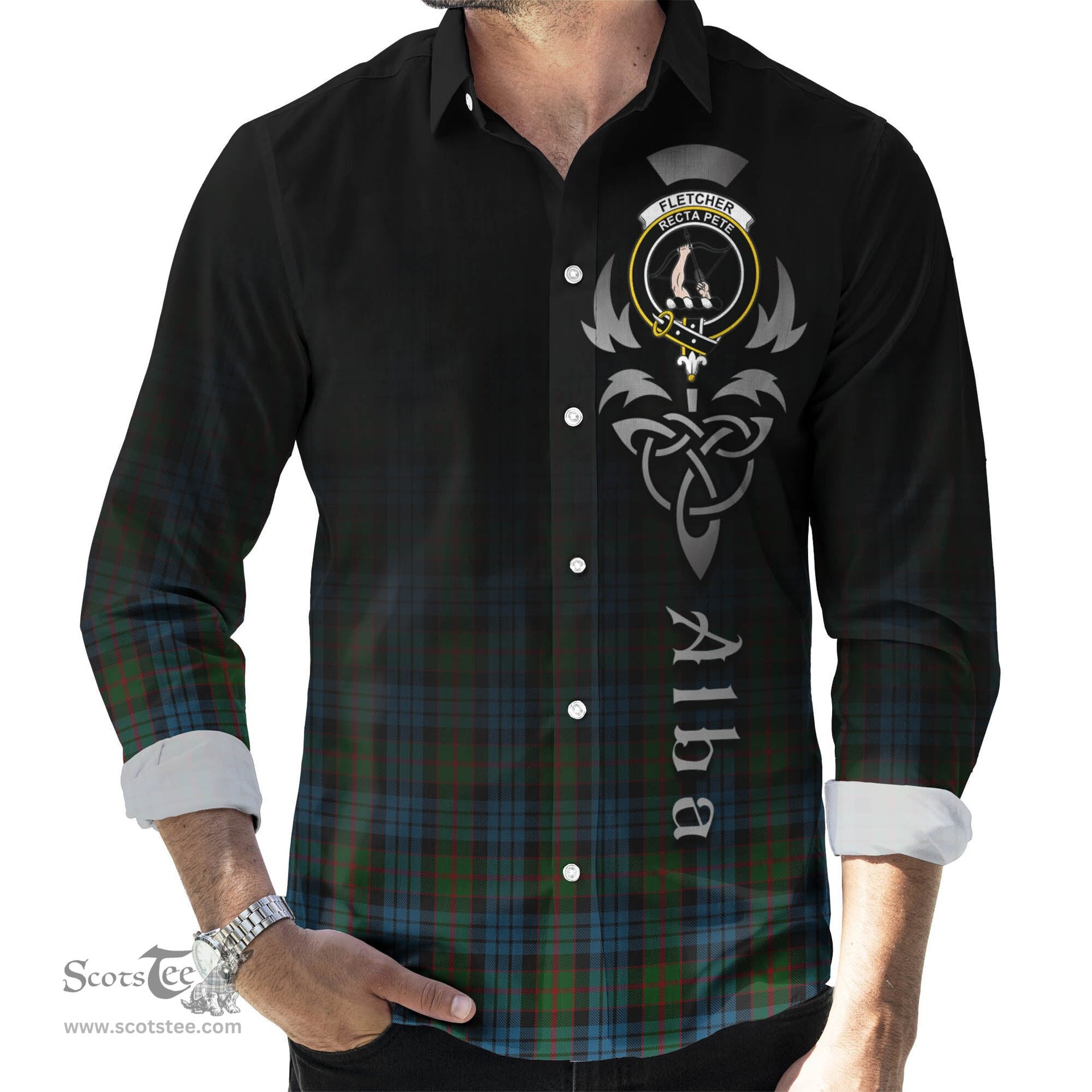 ScotsTee Shop Scottish Fletcher of Dunans Clan Crest Tartan Alba Gu Brath Celtic Inspired Tartan Long Sleeve Shirt