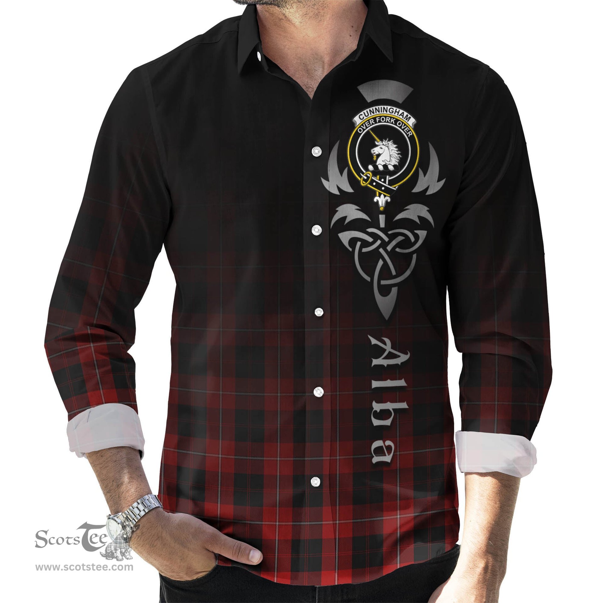 ScotsTee Shop Scottish Cunningham Clan Crest Tartan Alba Gu Brath Celtic Inspired Tartan Long Sleeve Shirt
