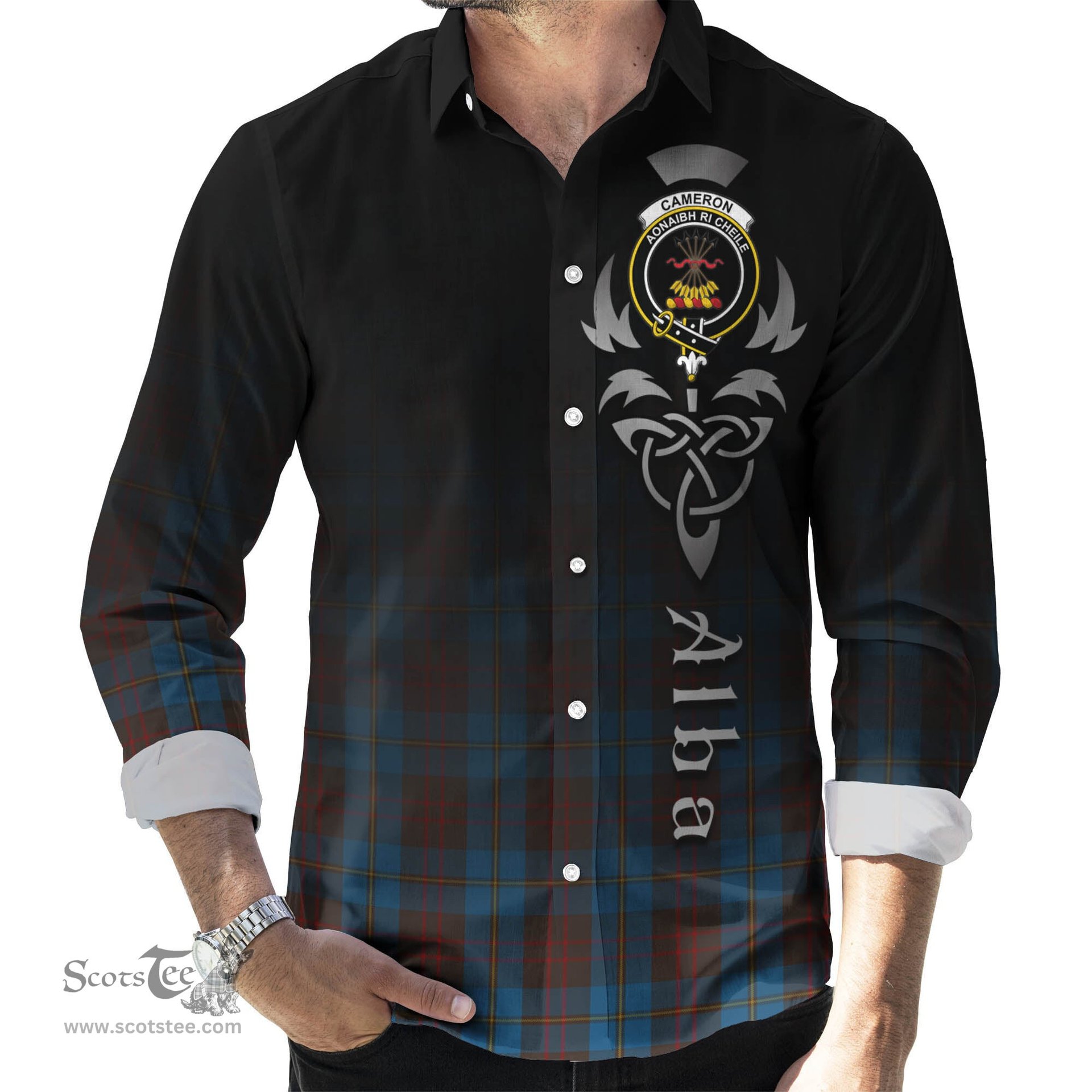 ScotsTee Shop Scottish Cameron Hunting Clan Crest Tartan Alba Gu Brath Celtic Inspired Tartan Long Sleeve Shirt