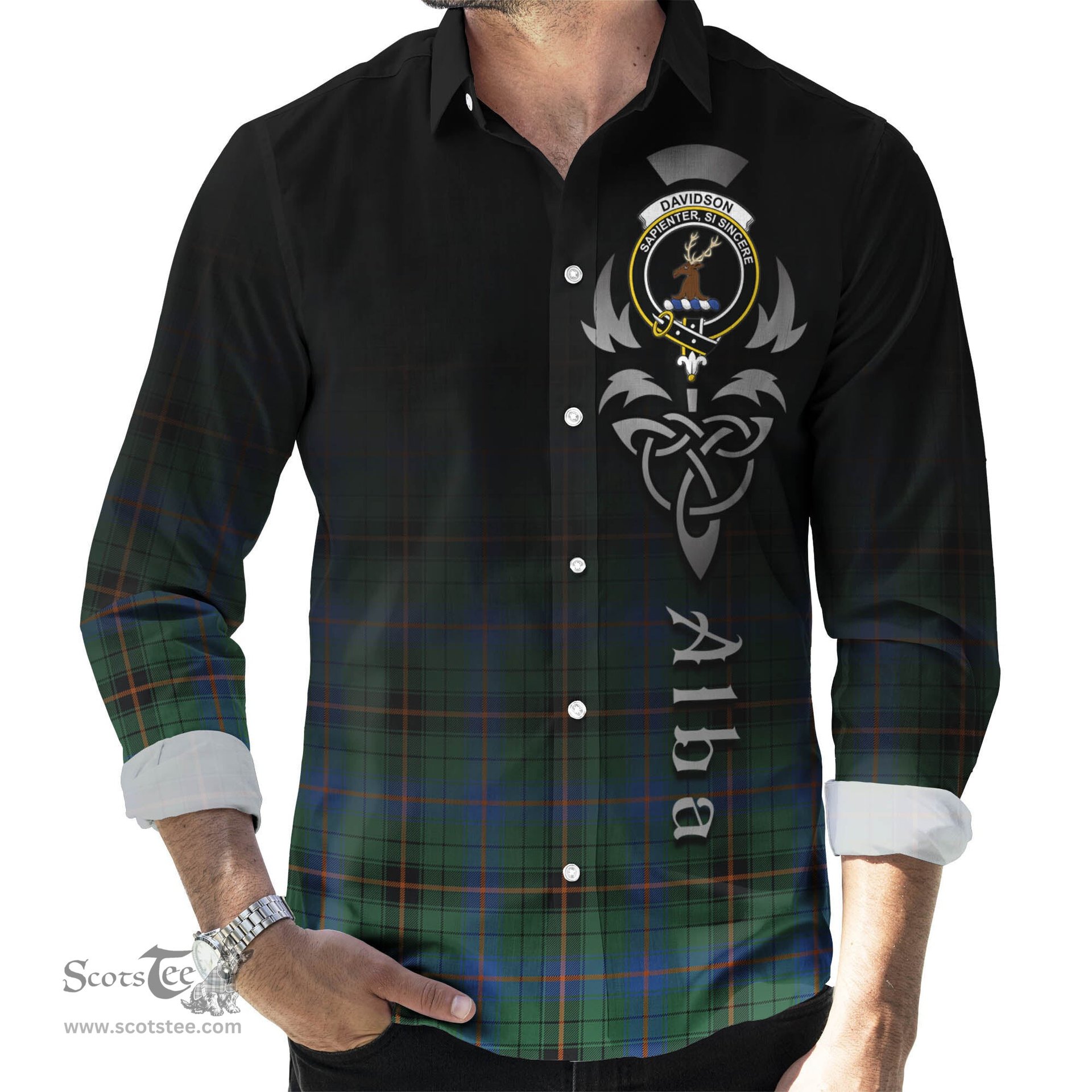 ScotsTee Shop Scottish Davidson Ancient Clan Crest Tartan Alba Gu Brath Celtic Inspired Tartan Long Sleeve Shirt