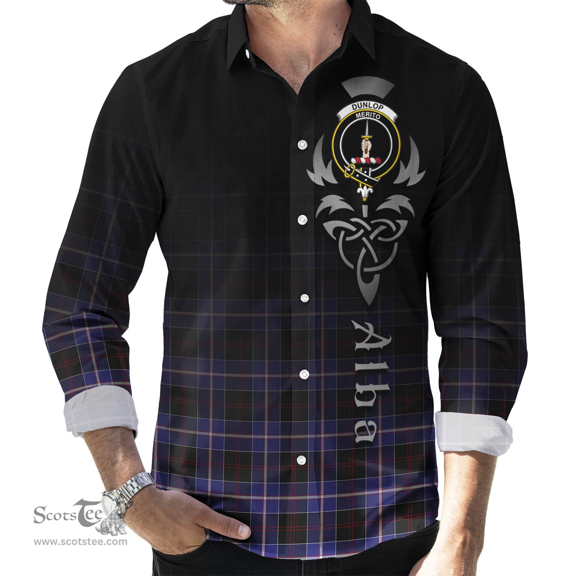 ScotsTee Shop Scottish Dunlop Modern Clan Crest Tartan Alba Gu Brath Celtic Inspired Tartan Long Sleeve Shirt