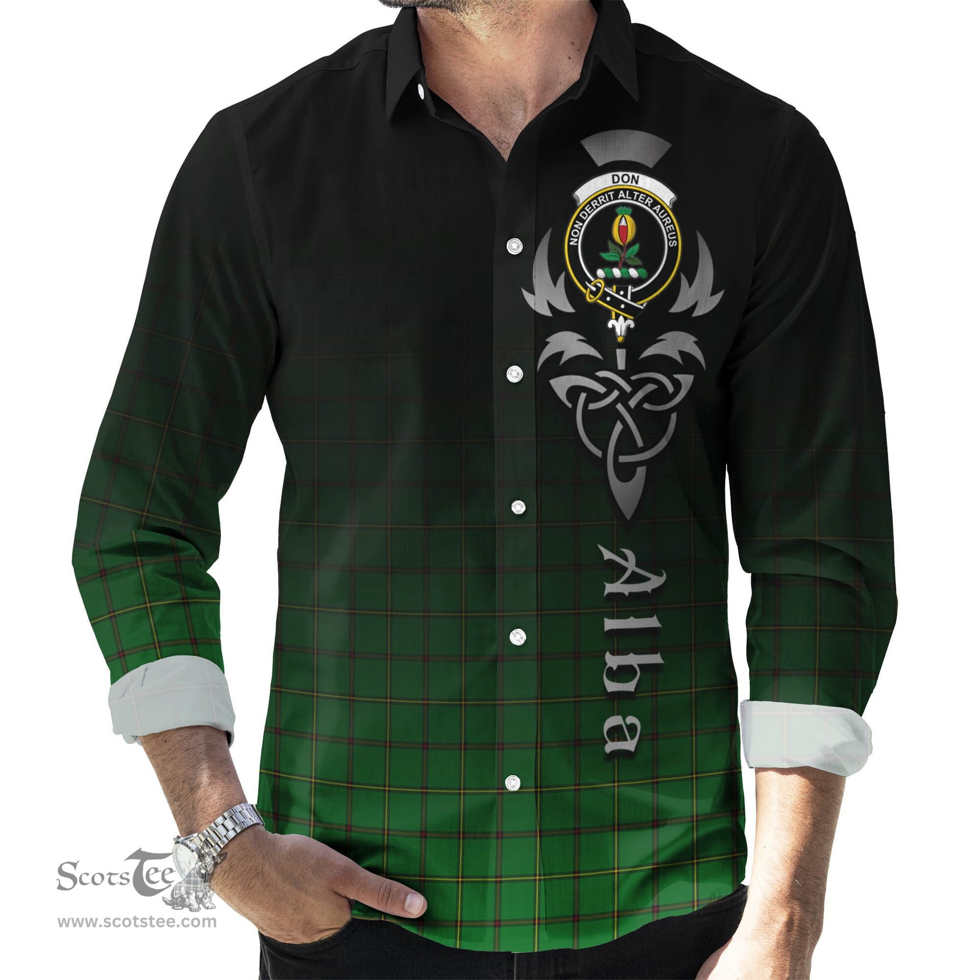 ScotsTee Shop Scottish Don Clan Crest Tartan Alba Gu Brath Celtic Inspired Tartan Long Sleeve Shirt