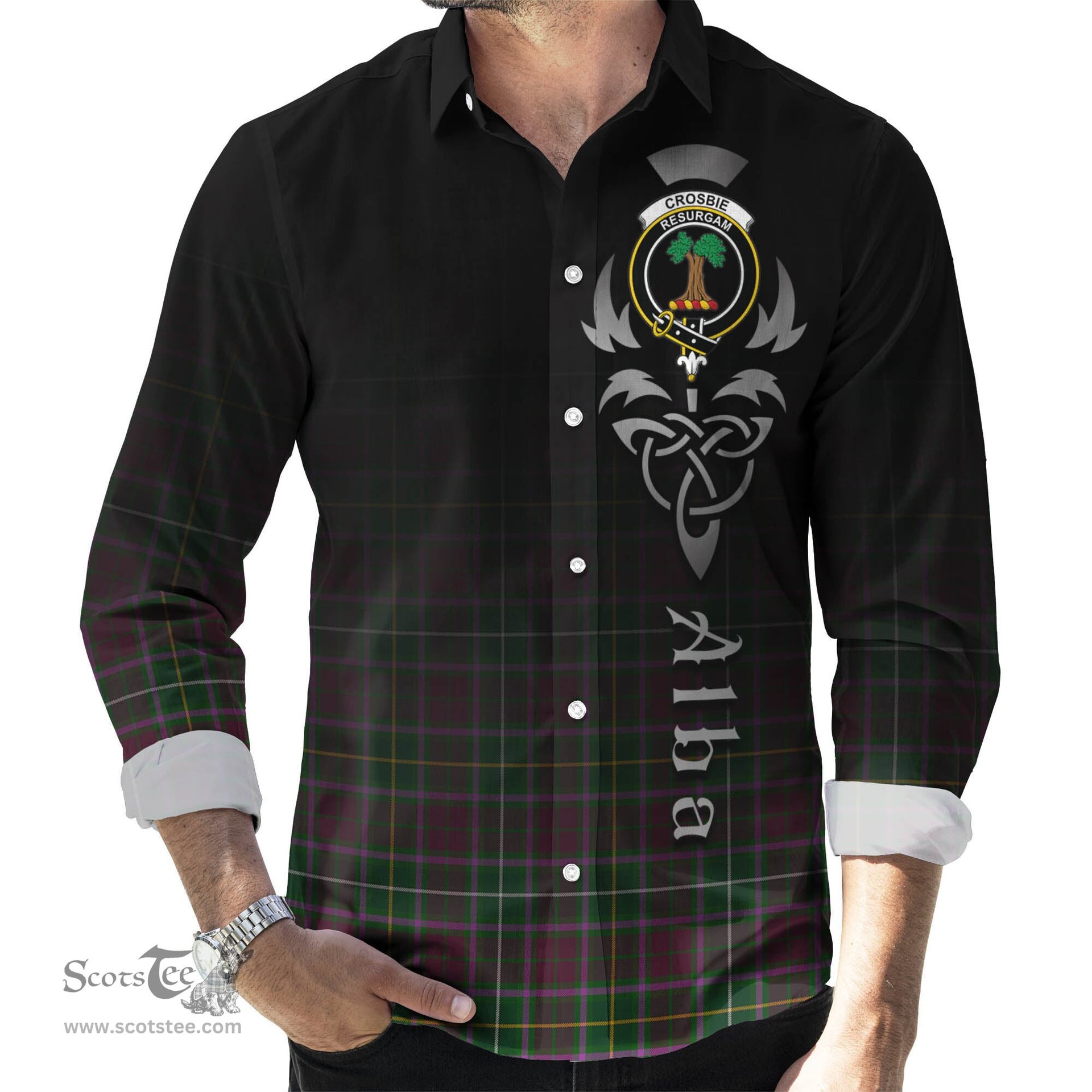 ScotsTee Shop Scottish Crosbie Clan Crest Tartan Alba Gu Brath Celtic Inspired Tartan Long Sleeve Shirt