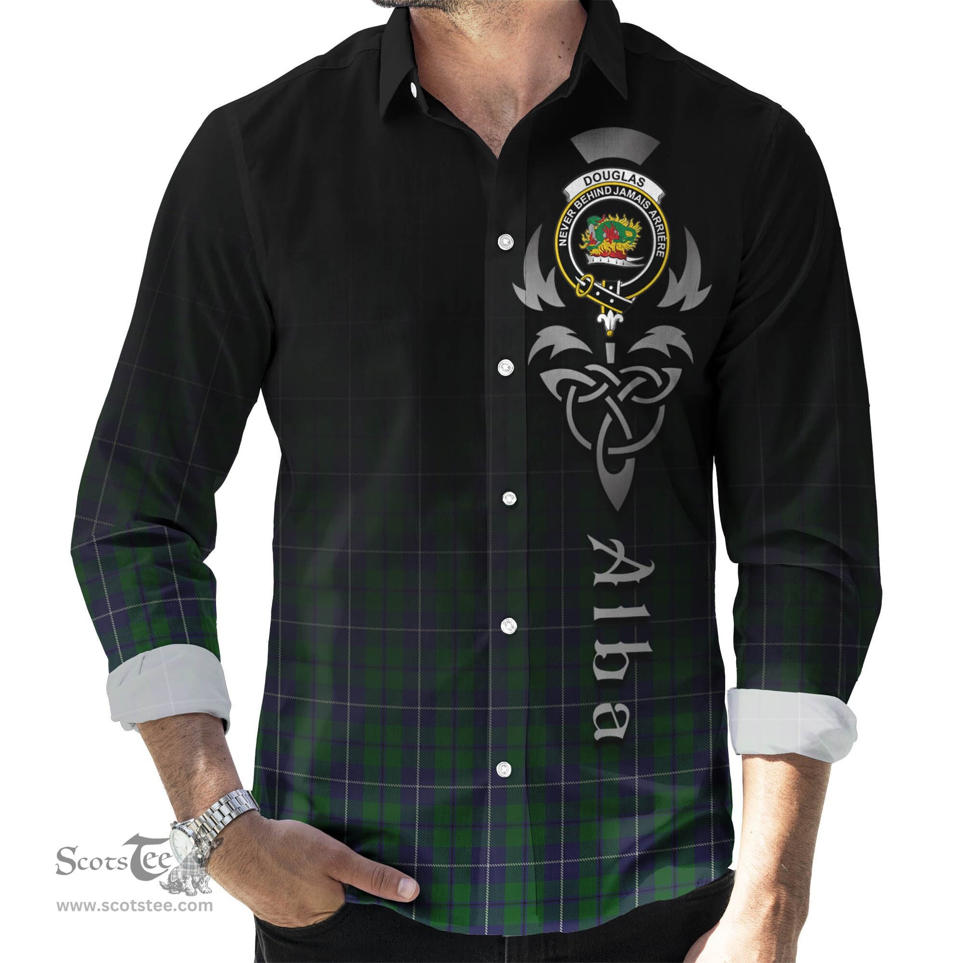 ScotsTee Shop Scottish Douglas Green Clan Crest Tartan Alba Gu Brath Celtic Inspired Tartan Long Sleeve Shirt