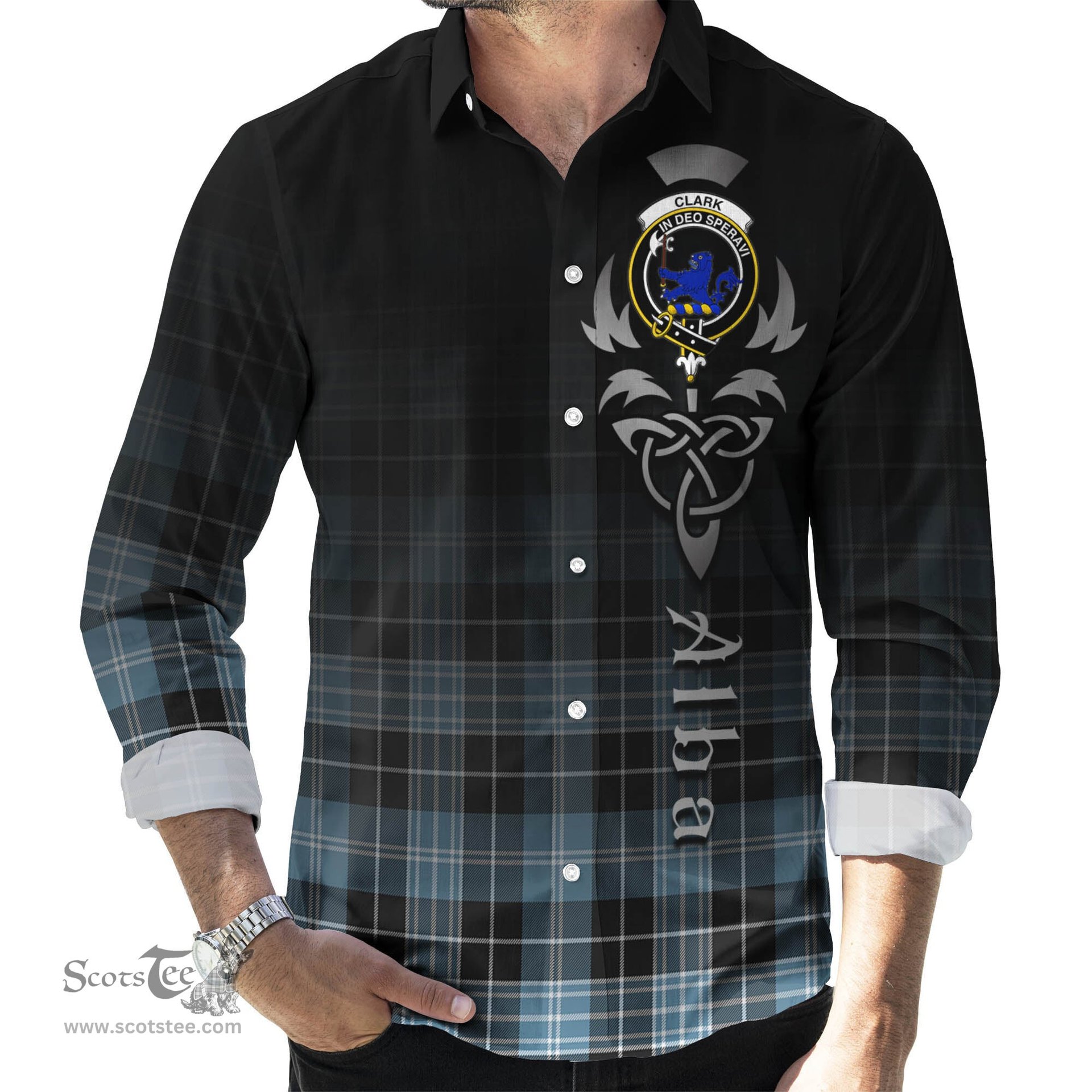 ScotsTee Shop Scottish Clark (Lion) Ancient Clan Crest Tartan Alba Gu Brath Celtic Inspired Tartan Long Sleeve Shirt