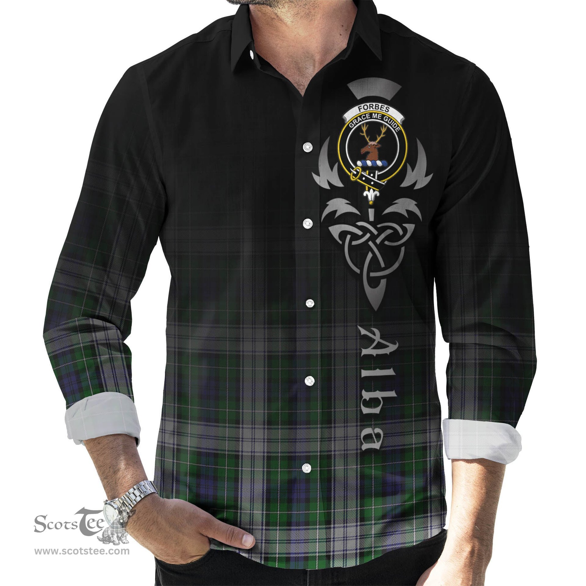 ScotsTee Shop Scottish Forbes Dress Clan Crest Tartan Alba Gu Brath Celtic Inspired Tartan Long Sleeve Shirt