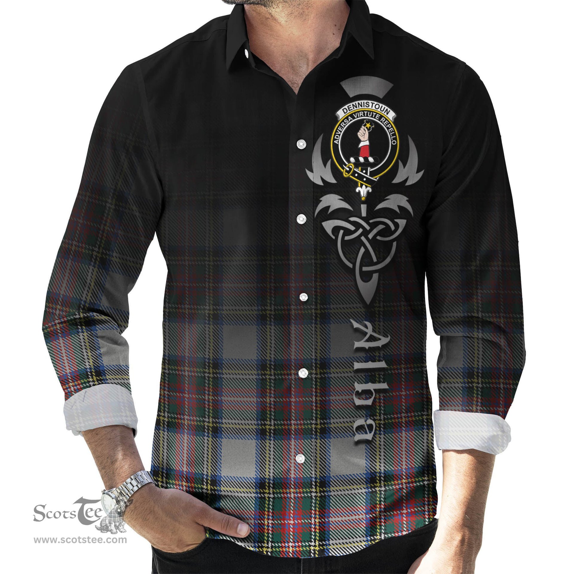 ScotsTee Shop Scottish Dennistoun Clan Crest Tartan Alba Gu Brath Celtic Inspired Tartan Long Sleeve Shirt