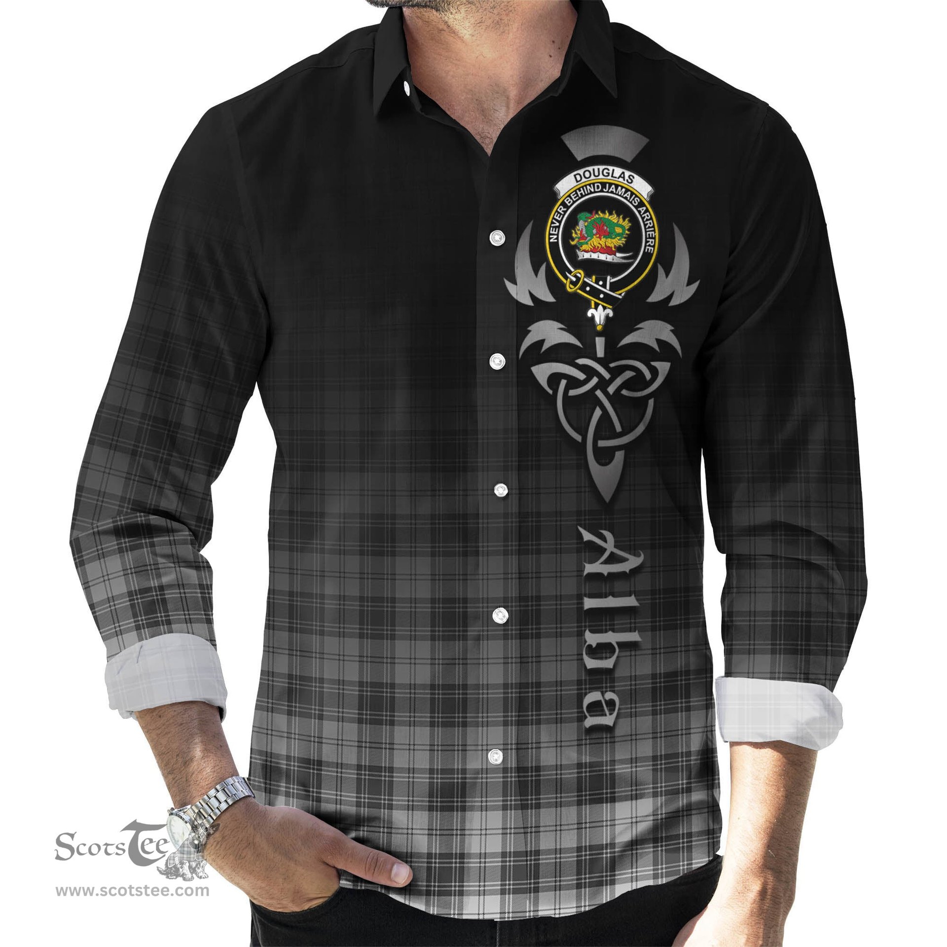 ScotsTee Shop Scottish Douglas Grey Modern Clan Crest Tartan Alba Gu Brath Celtic Inspired Tartan Long Sleeve Shirt