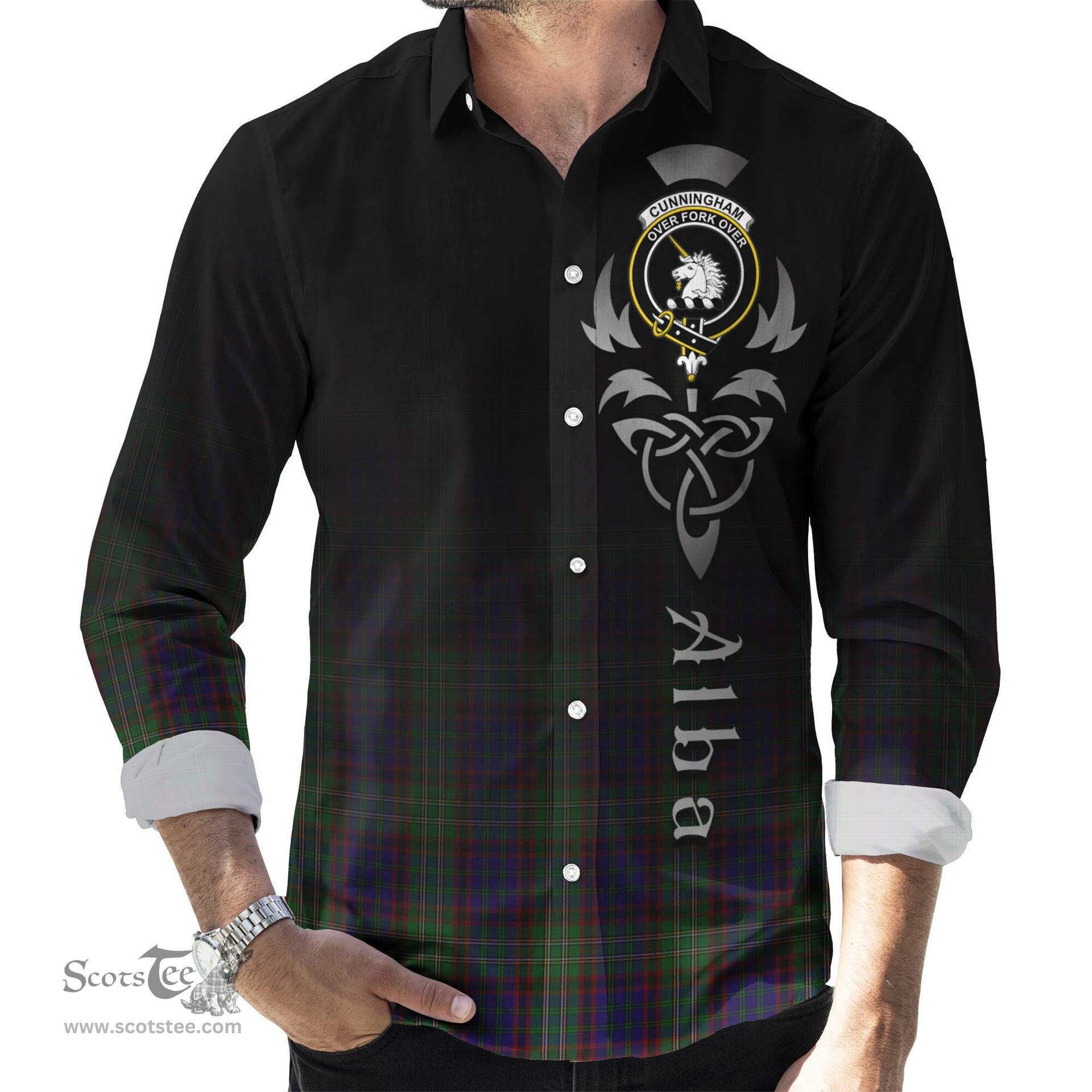 ScotsTee Shop Scottish Cunningham Hunting Clan Crest Tartan Alba Gu Brath Celtic Inspired Tartan Long Sleeve Shirt