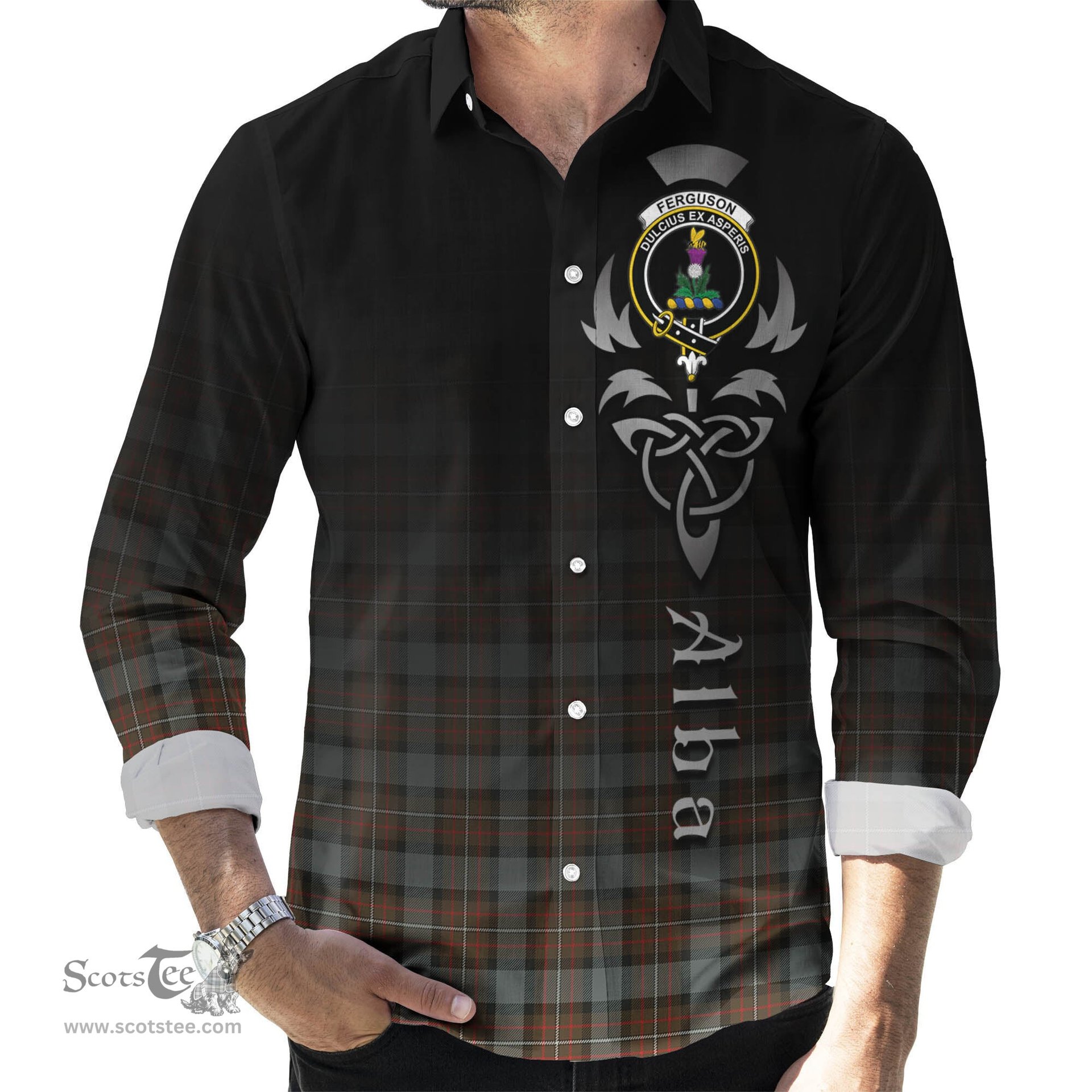 ScotsTee Shop Scottish Ferguson Weathered Clan Crest Tartan Alba Gu Brath Celtic Inspired Tartan Long Sleeve Shirt