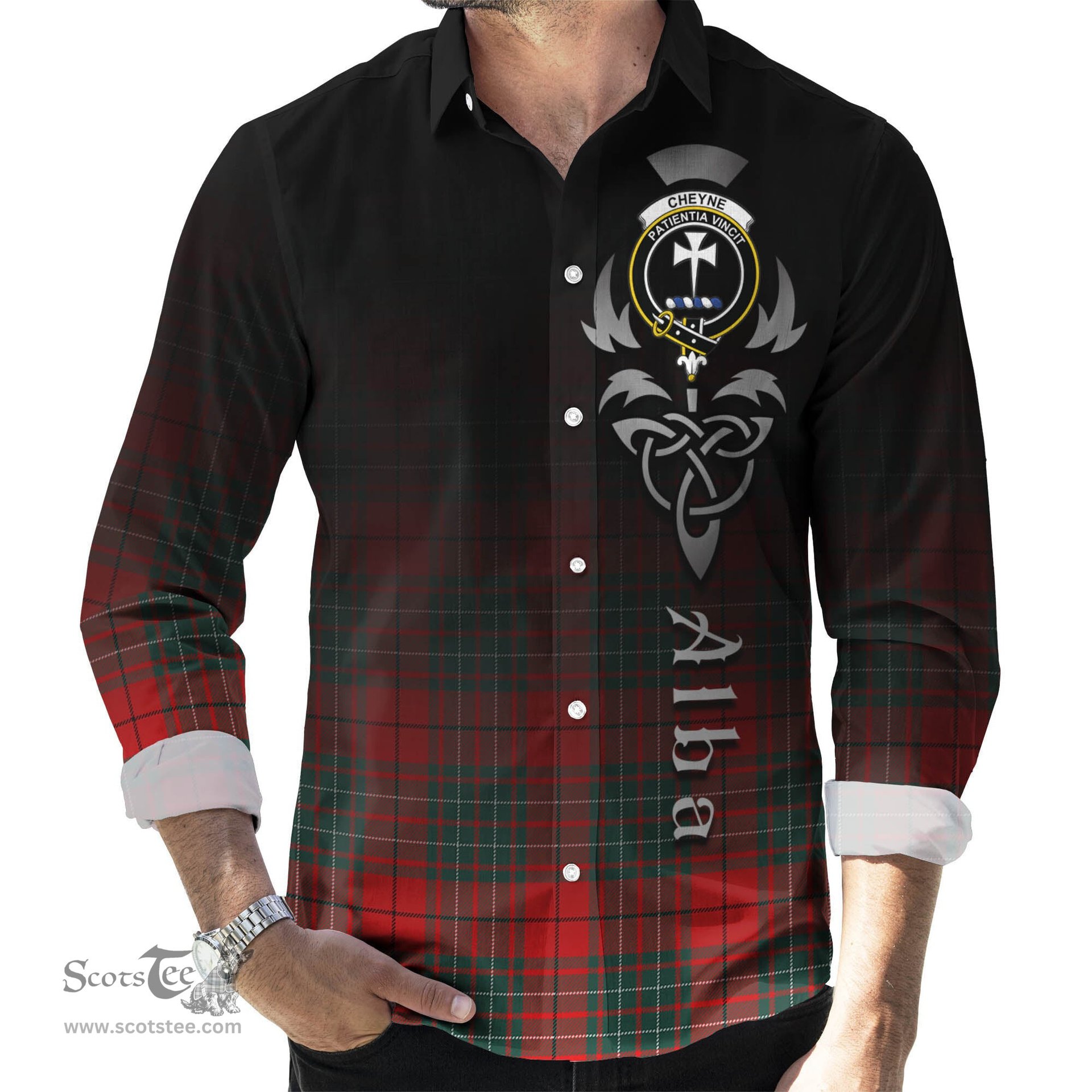 ScotsTee Shop Scottish Cheyne Clan Crest Tartan Alba Gu Brath Celtic Inspired Tartan Long Sleeve Shirt
