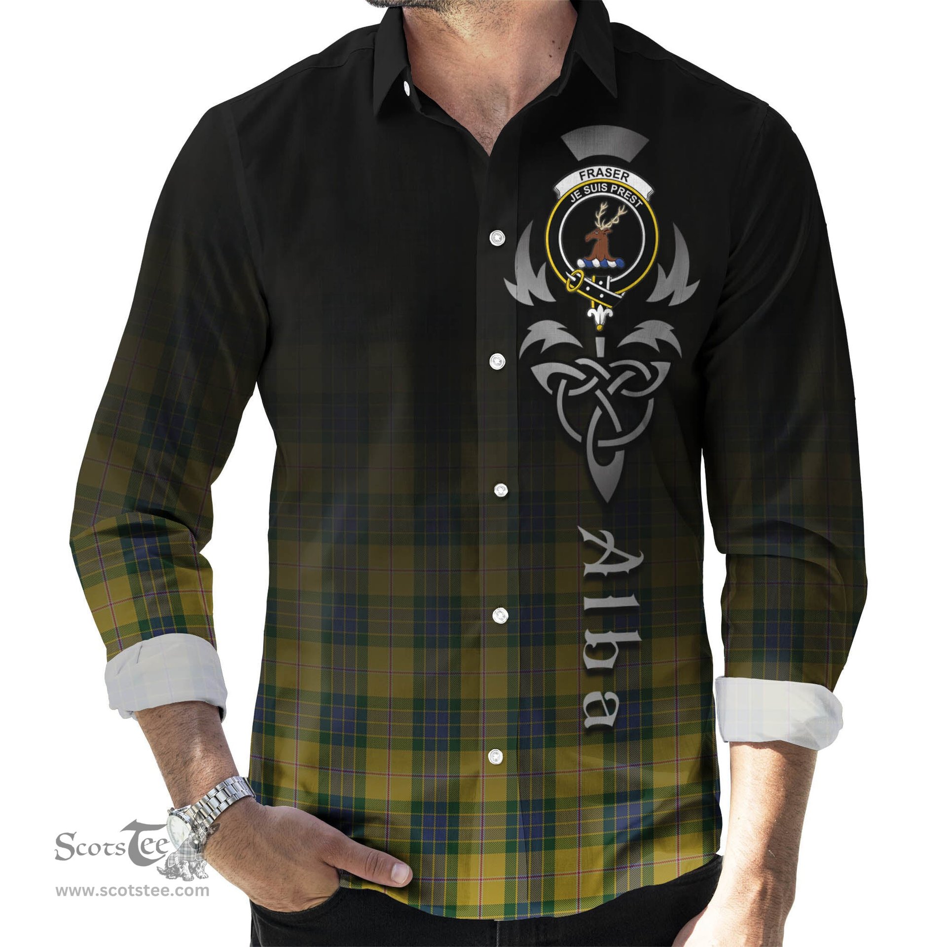 ScotsTee Shop Scottish Fraser Yellow Clan Crest Tartan Alba Gu Brath Celtic Inspired Tartan Long Sleeve Shirt