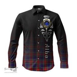 ScotsTee Shop Scottish Clark (Lion) Red Clan Crest Tartan Alba Gu Brath Celtic Inspired Tartan Long Sleeve Shirt