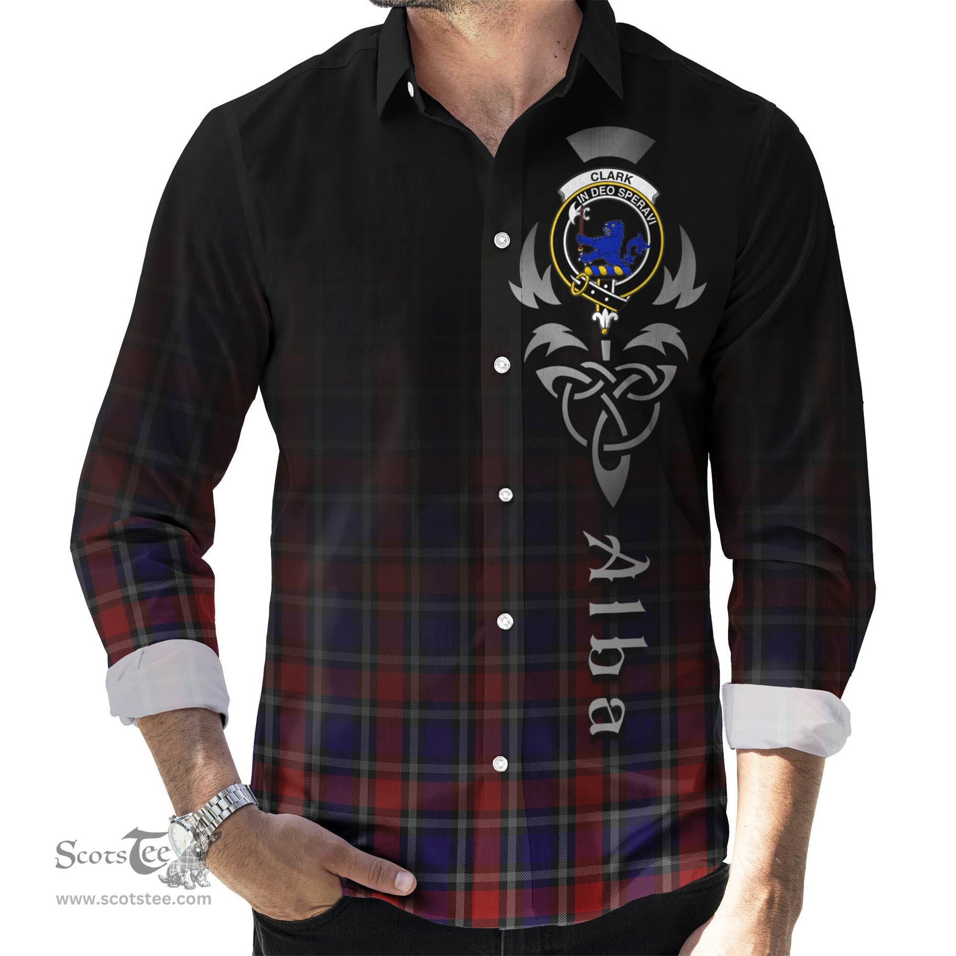 ScotsTee Shop Scottish Clark (Lion) Red Clan Crest Tartan Alba Gu Brath Celtic Inspired Tartan Long Sleeve Shirt