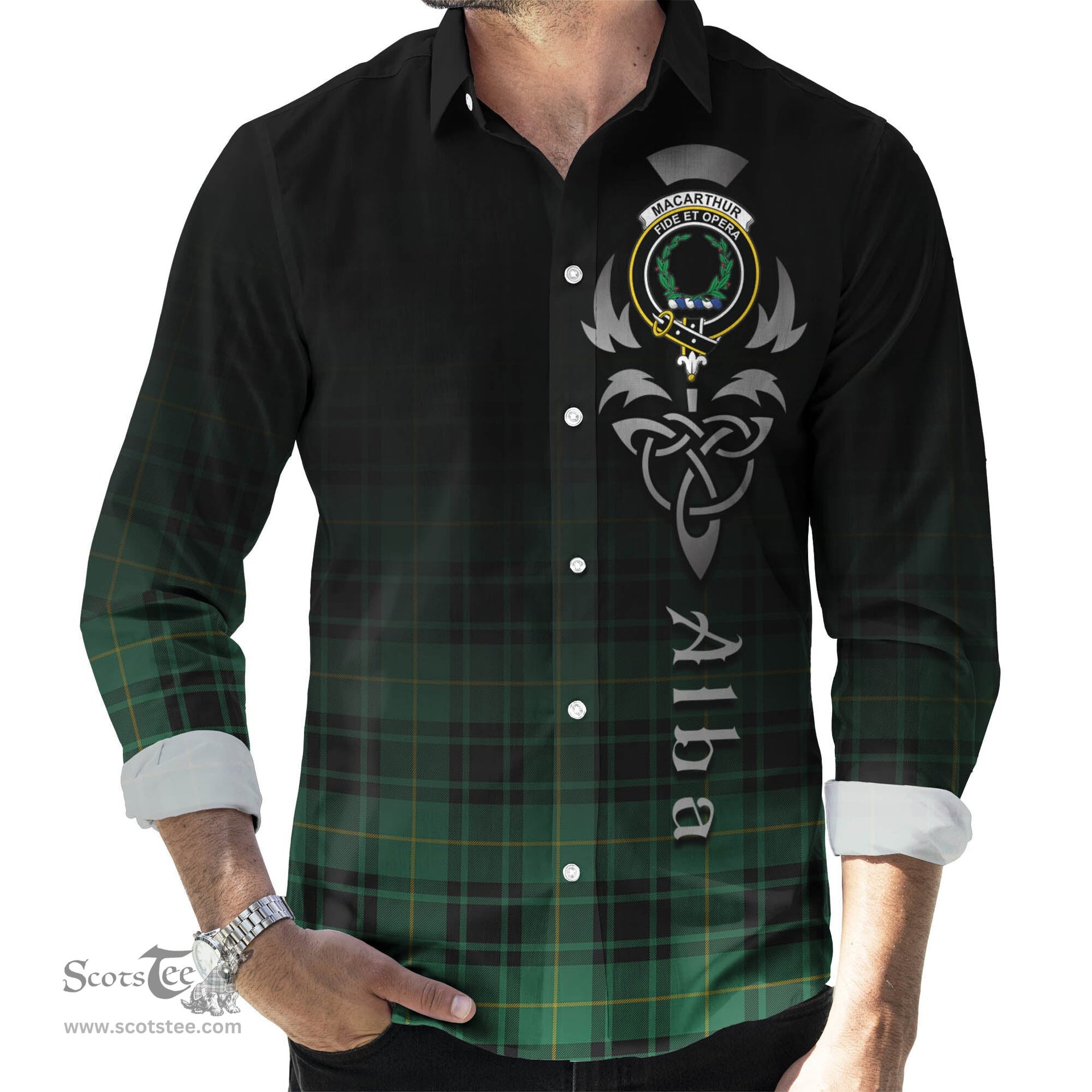 ScotsTee Shop Scottish MacArthur Ancient Clan Crest Tartan Alba Gu Brath Celtic Inspired Tartan Long Sleeve Shirt