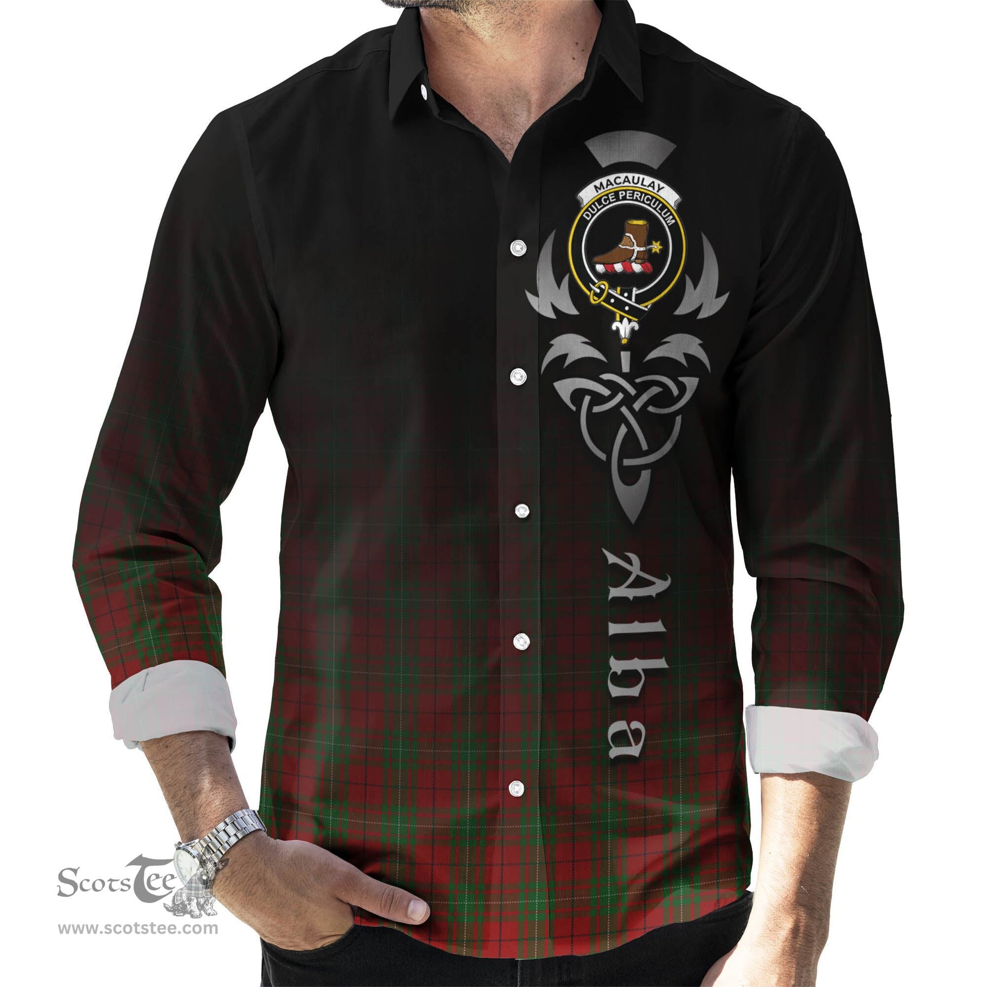 ScotsTee Shop Scottish MacAulay Clan Crest Tartan Alba Gu Brath Celtic Inspired Tartan Long Sleeve Shirt
