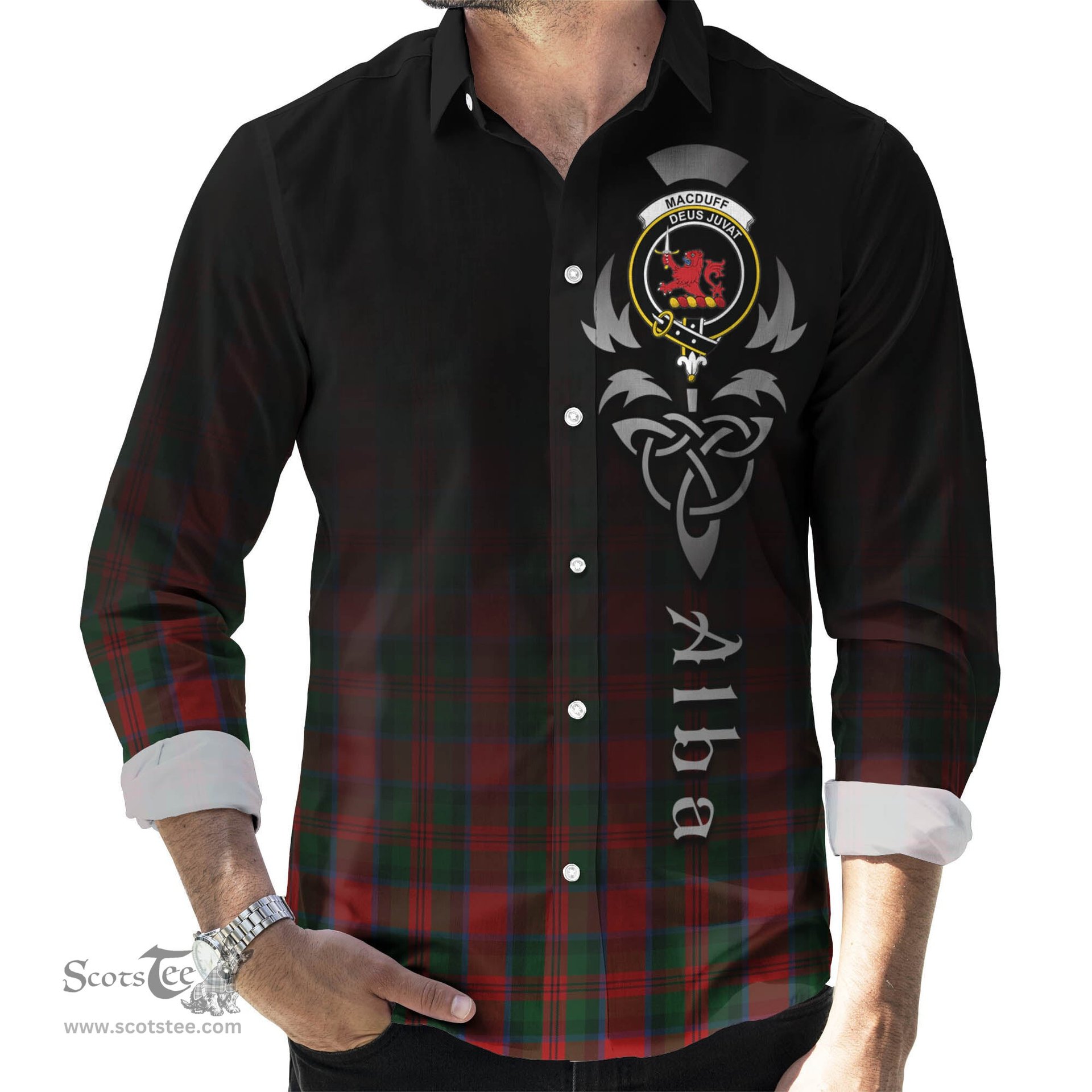 ScotsTee Shop Scottish MacDuff Clan Crest Tartan Alba Gu Brath Celtic Inspired Tartan Long Sleeve Shirt