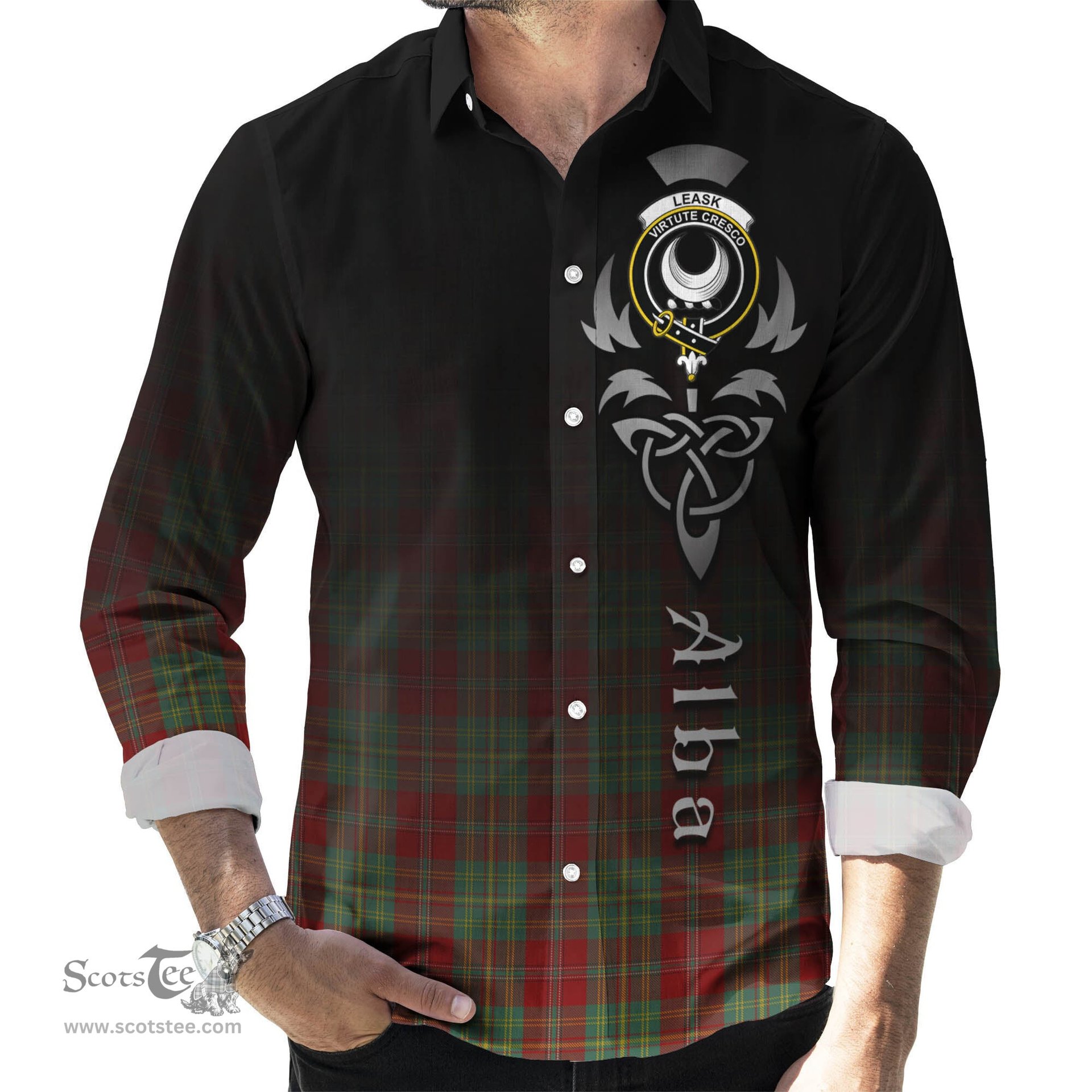 ScotsTee Shop Scottish Leask Clan Crest Tartan Alba Gu Brath Celtic Inspired Tartan Long Sleeve Shirt