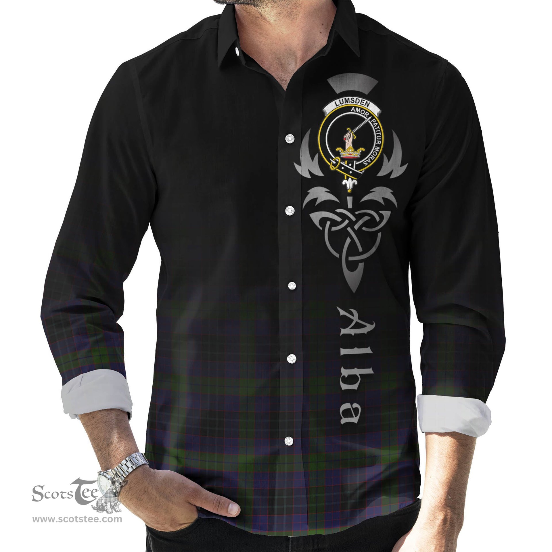 ScotsTee Shop Scottish Lumsden Hunting Clan Crest Tartan Alba Gu Brath Celtic Inspired Tartan Long Sleeve Shirt