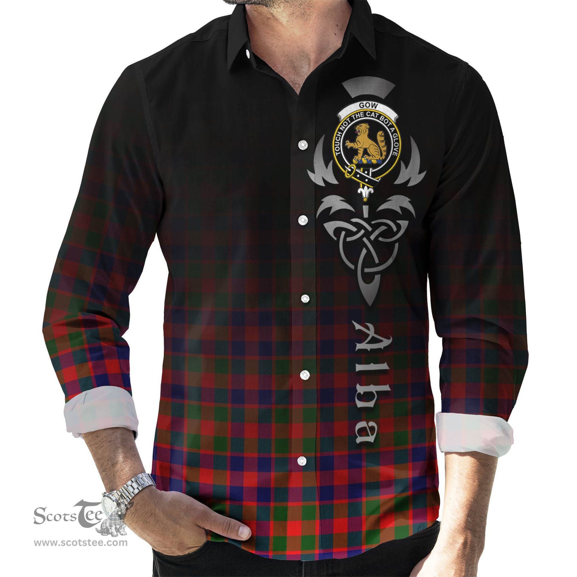 ScotsTee Shop Scottish Gow Modern Clan Crest Tartan Alba Gu Brath Celtic Inspired Tartan Long Sleeve Shirt