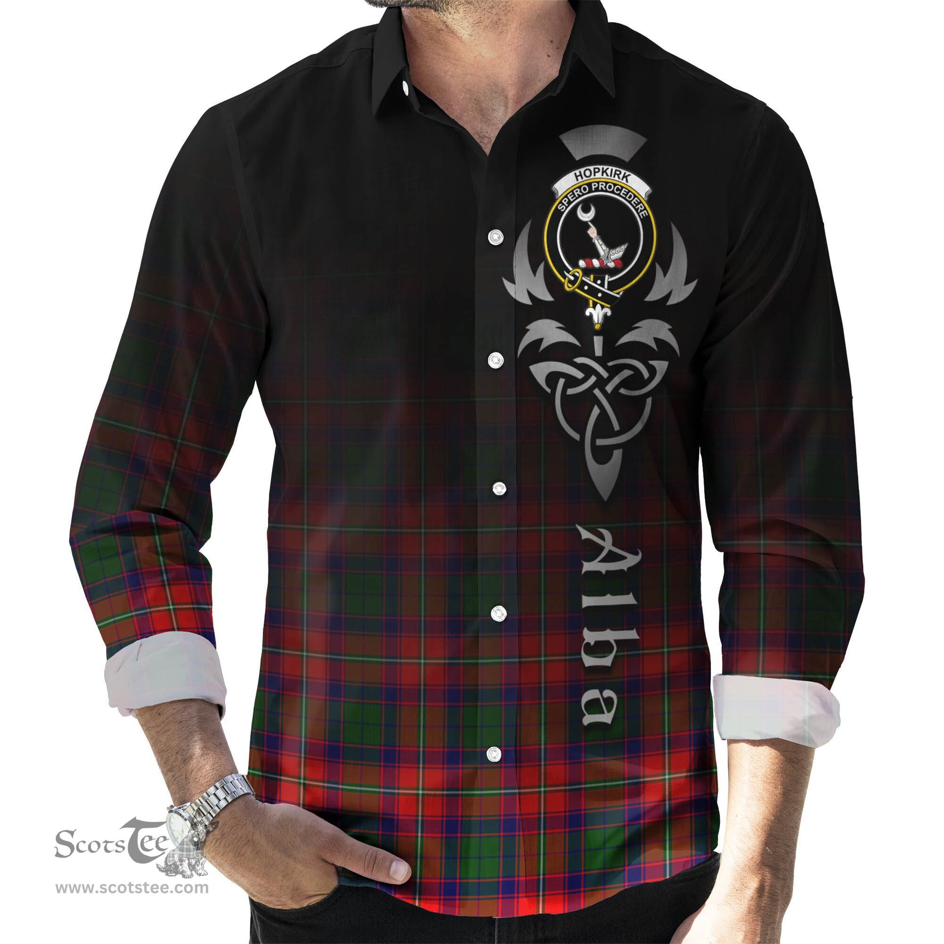 ScotsTee Shop Scottish Hopkirk Clan Crest Tartan Alba Gu Brath Celtic Inspired Tartan Long Sleeve Shirt