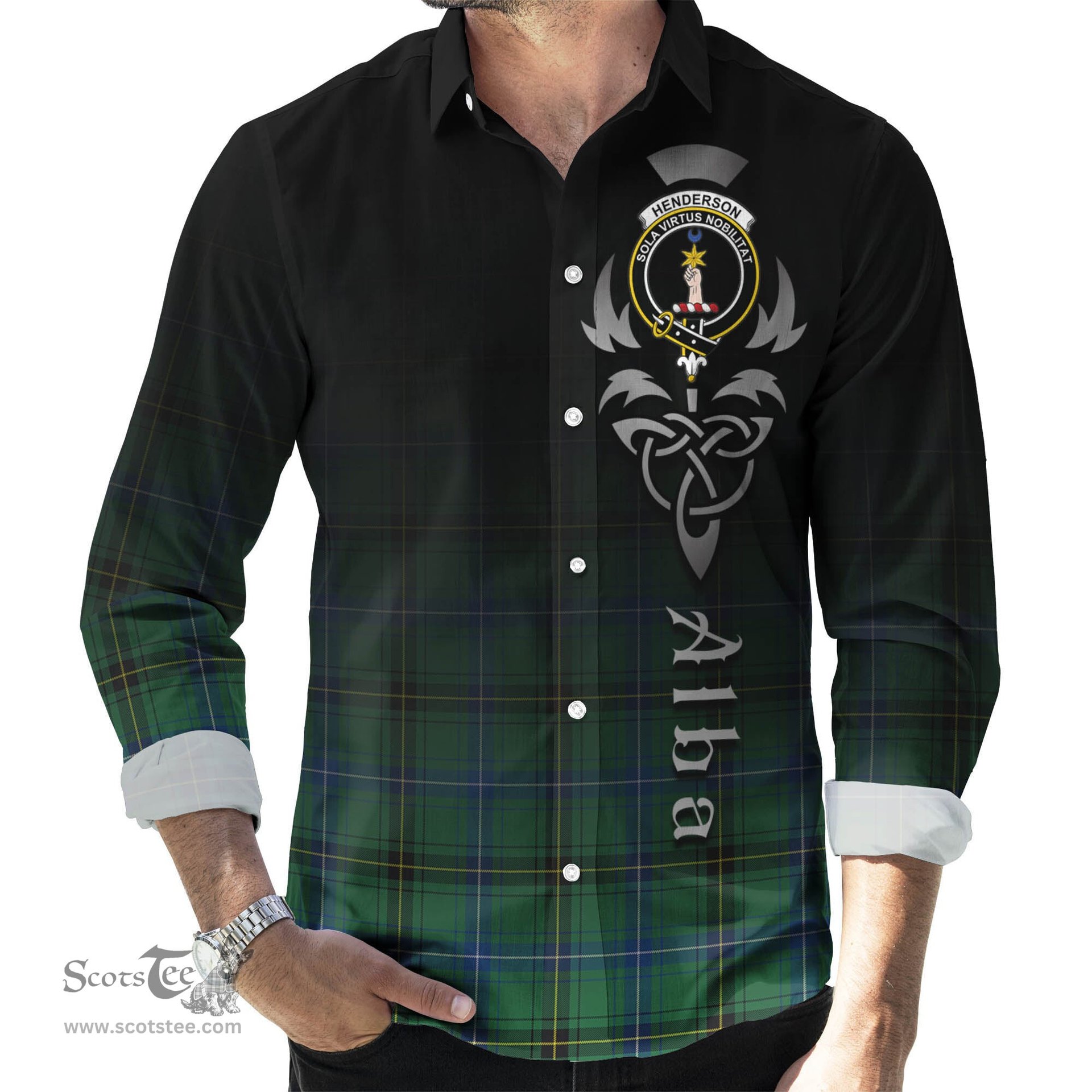 ScotsTee Shop Scottish Henderson Ancient Clan Crest Tartan Alba Gu Brath Celtic Inspired Tartan Long Sleeve Shirt