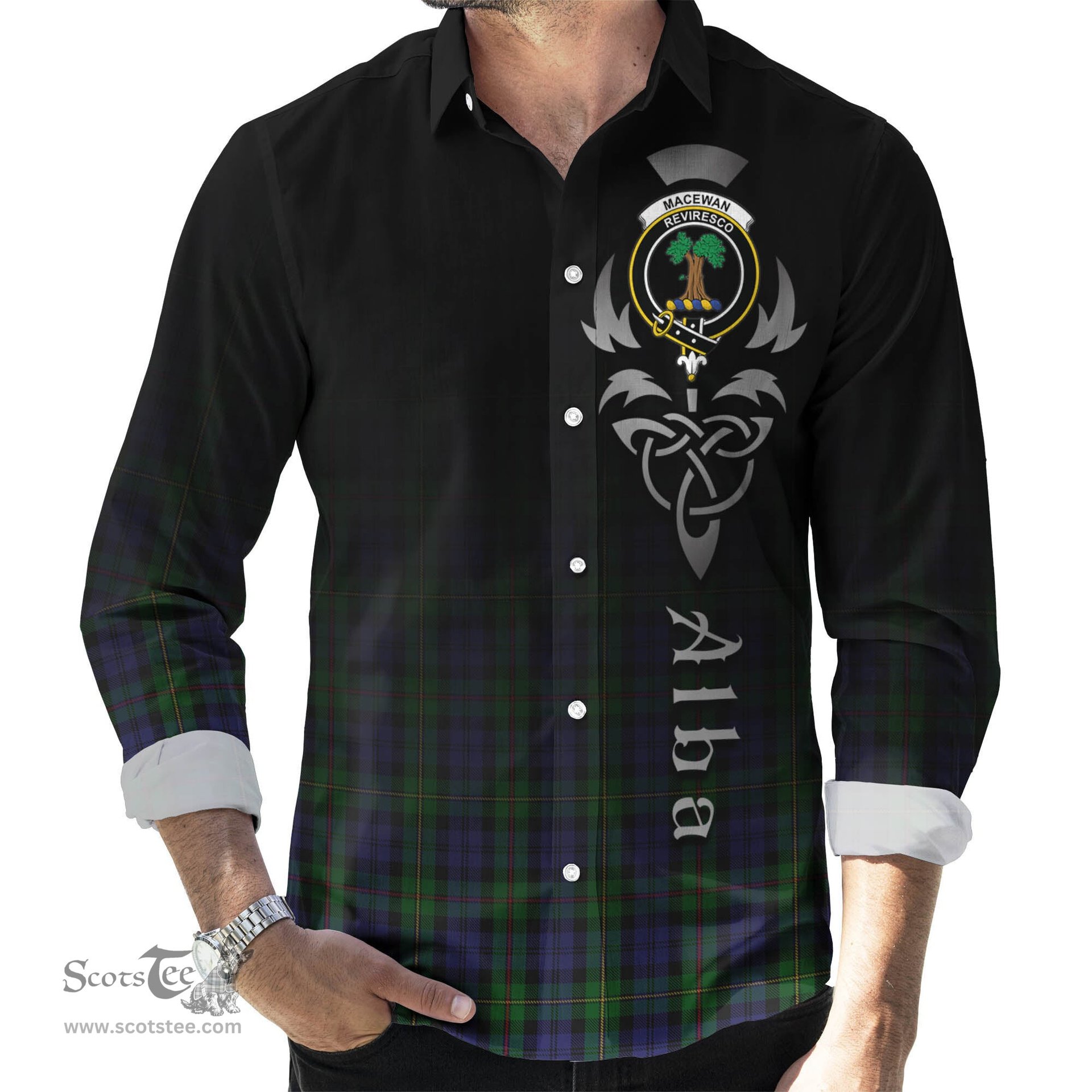 ScotsTee Shop Scottish MacEwan Clan Crest Tartan Alba Gu Brath Celtic Inspired Tartan Long Sleeve Shirt