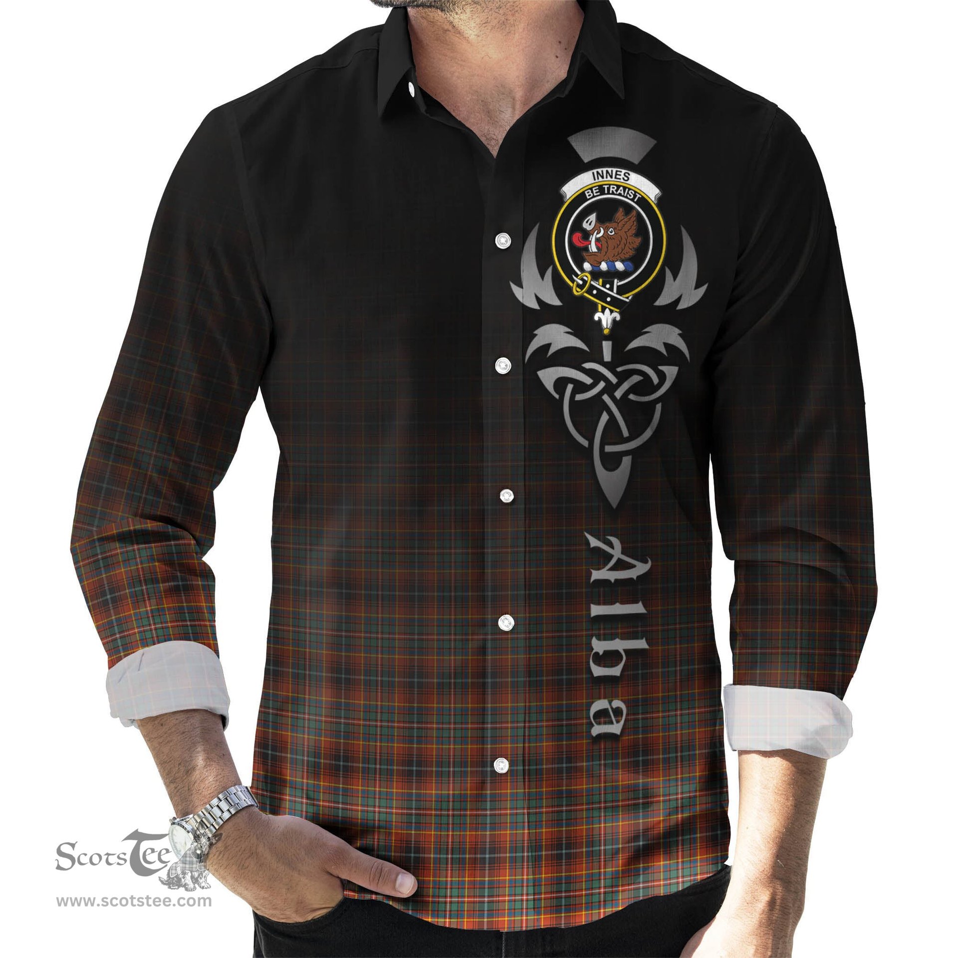 ScotsTee Shop Scottish Innes Ancient Clan Crest Tartan Alba Gu Brath Celtic Inspired Tartan Long Sleeve Shirt