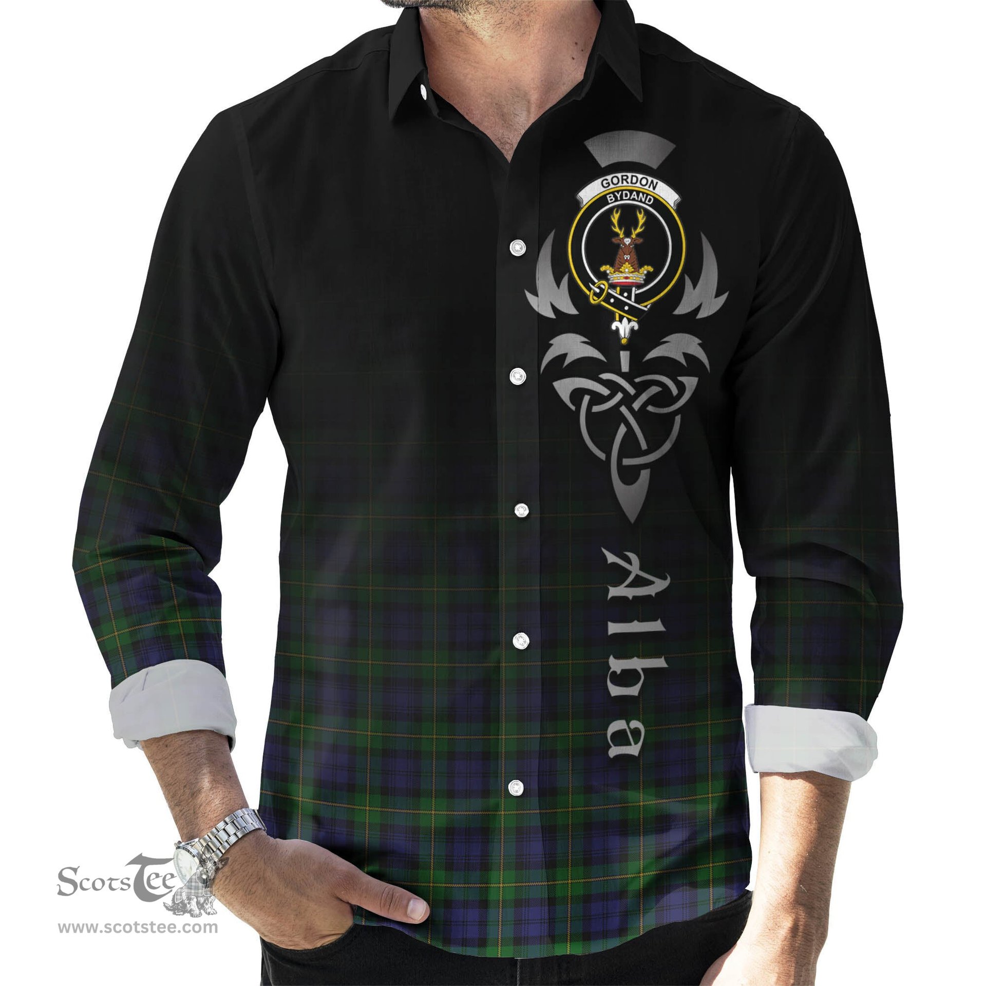 ScotsTee Shop Scottish Gordon Clan Crest Tartan Alba Gu Brath Celtic Inspired Tartan Long Sleeve Shirt