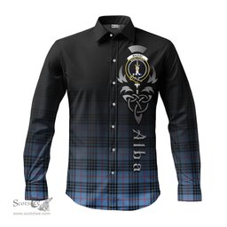 ScotsTee Shop Scottish MacKay Blue Clan Crest Tartan Alba Gu Brath Celtic Inspired Tartan Long Sleeve Shirt