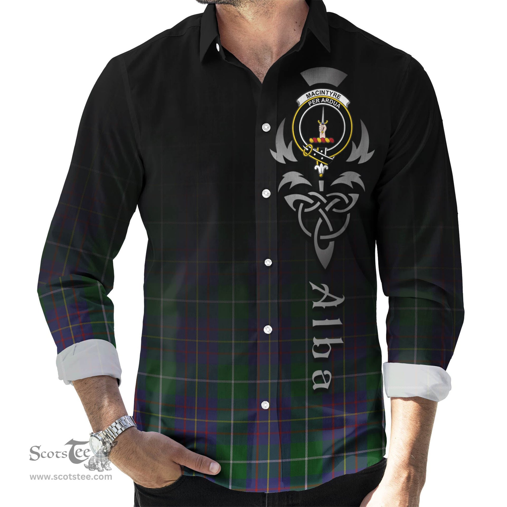 ScotsTee Shop Scottish MacIntyre Inglis Clan Crest Tartan Alba Gu Brath Celtic Inspired Tartan Long Sleeve Shirt
