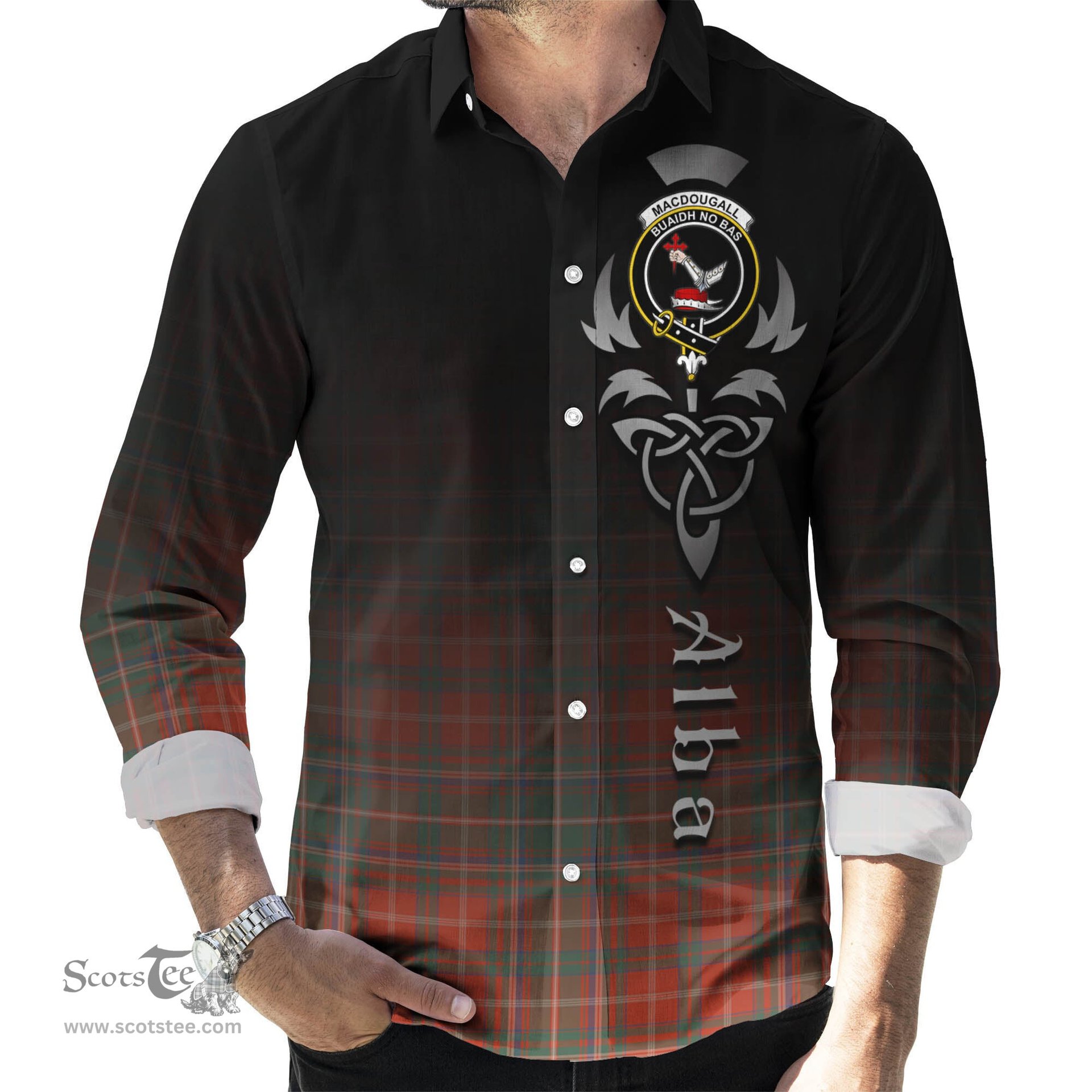 ScotsTee Shop Scottish MacDougall Ancient Clan Crest Tartan Alba Gu Brath Celtic Inspired Tartan Long Sleeve Shirt