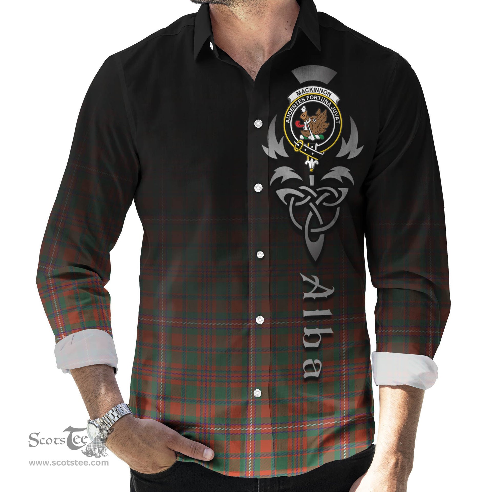 ScotsTee Shop Scottish MacKinnon Ancient Clan Crest Tartan Alba Gu Brath Celtic Inspired Tartan Long Sleeve Shirt