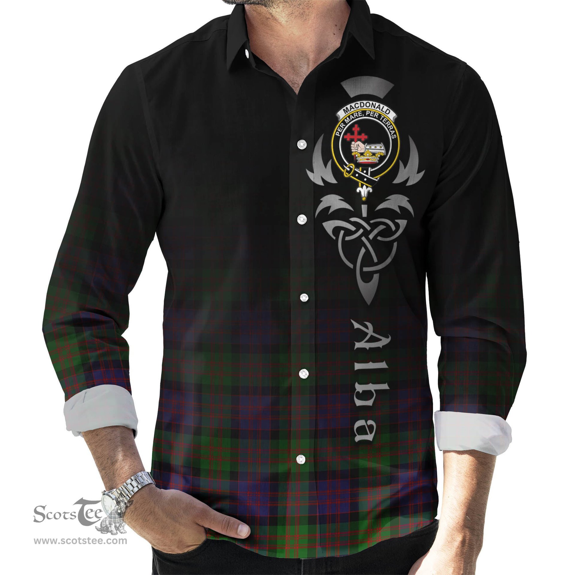 ScotsTee Shop Scottish MacDonald Clan Crest Tartan Alba Gu Brath Celtic Inspired Tartan Long Sleeve Shirt