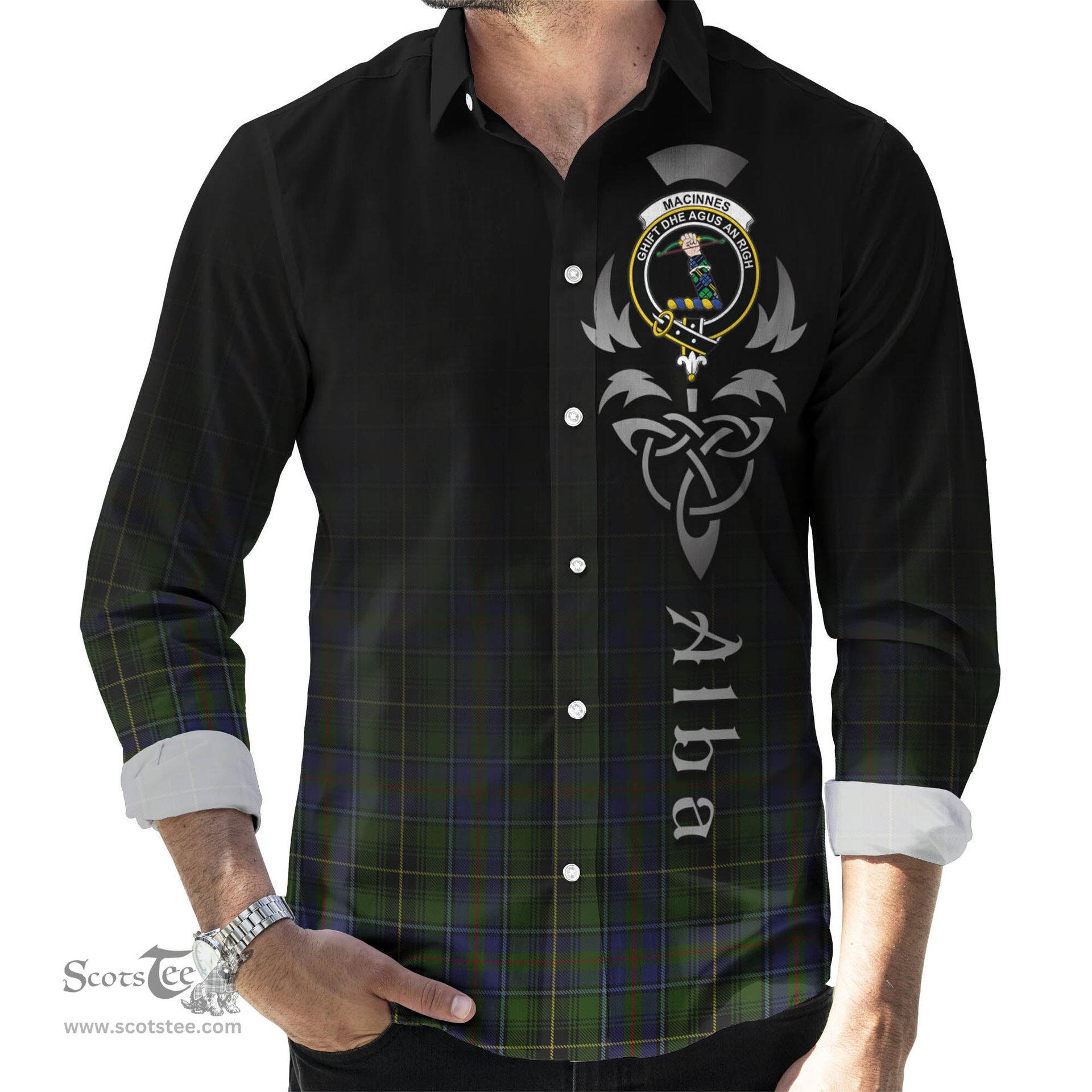 ScotsTee Shop Scottish MacInnes Clan Crest Tartan Alba Gu Brath Celtic Inspired Tartan Long Sleeve Shirt