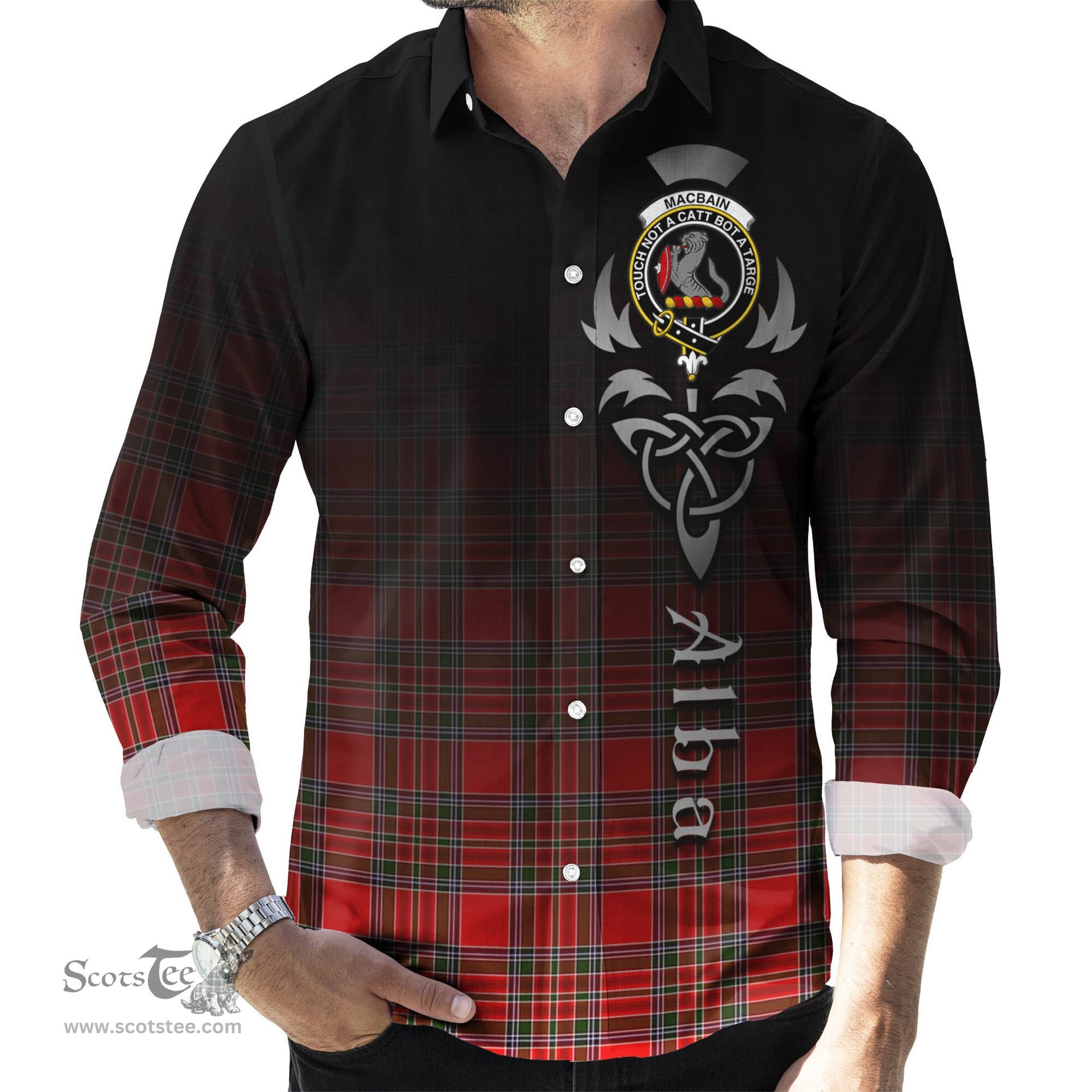 ScotsTee Shop Scottish MacBain Clan Crest Tartan Alba Gu Brath Celtic Inspired Tartan Long Sleeve Shirt