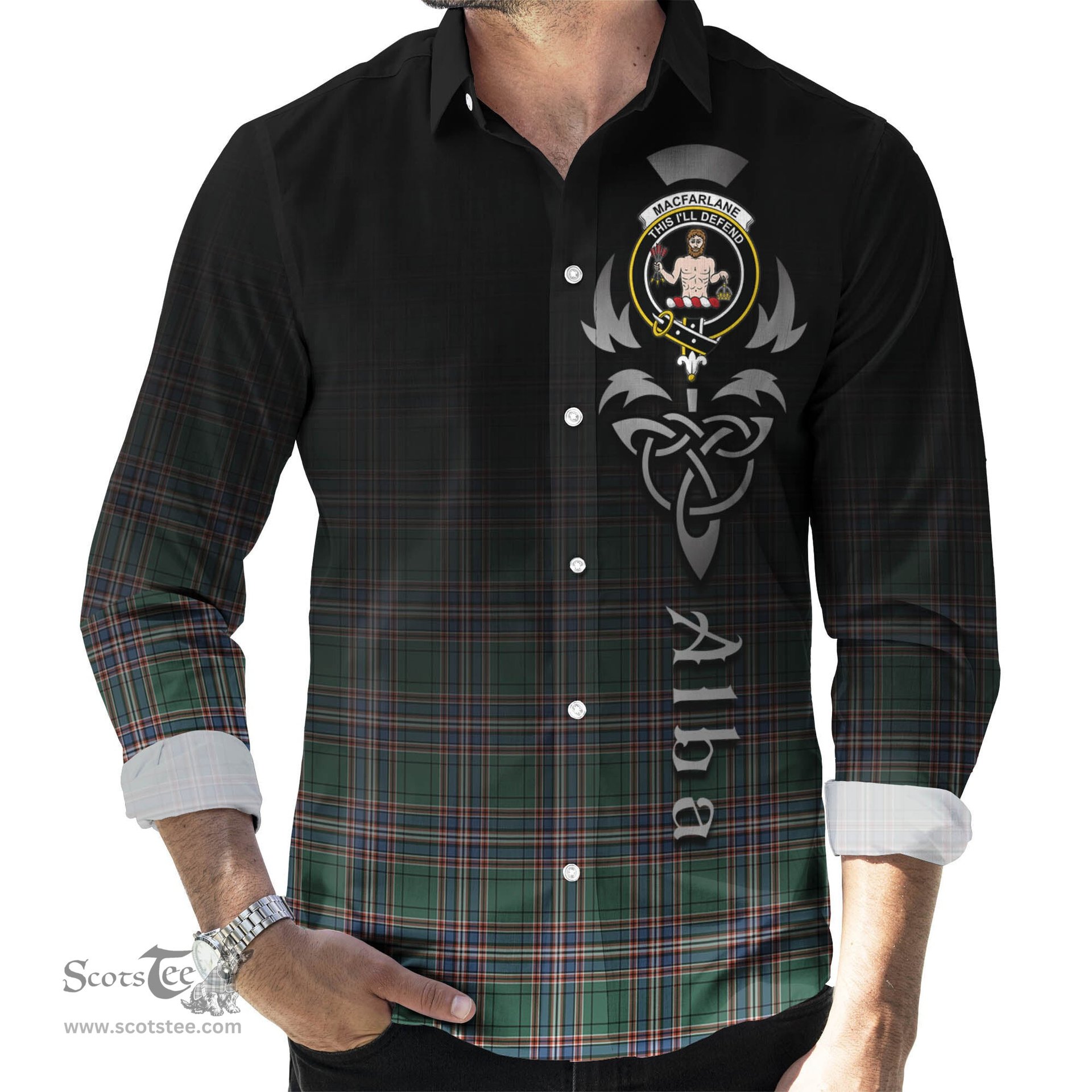 ScotsTee Shop Scottish MacFarlane Hunting Ancient Clan Crest Tartan Alba Gu Brath Celtic Inspired Tartan Long Sleeve Shirt