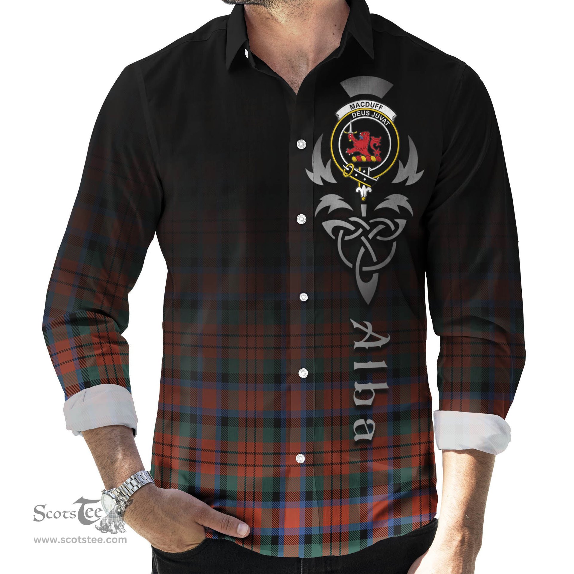 ScotsTee Shop Scottish MacDuff Ancient Clan Crest Tartan Alba Gu Brath Celtic Inspired Tartan Long Sleeve Shirt