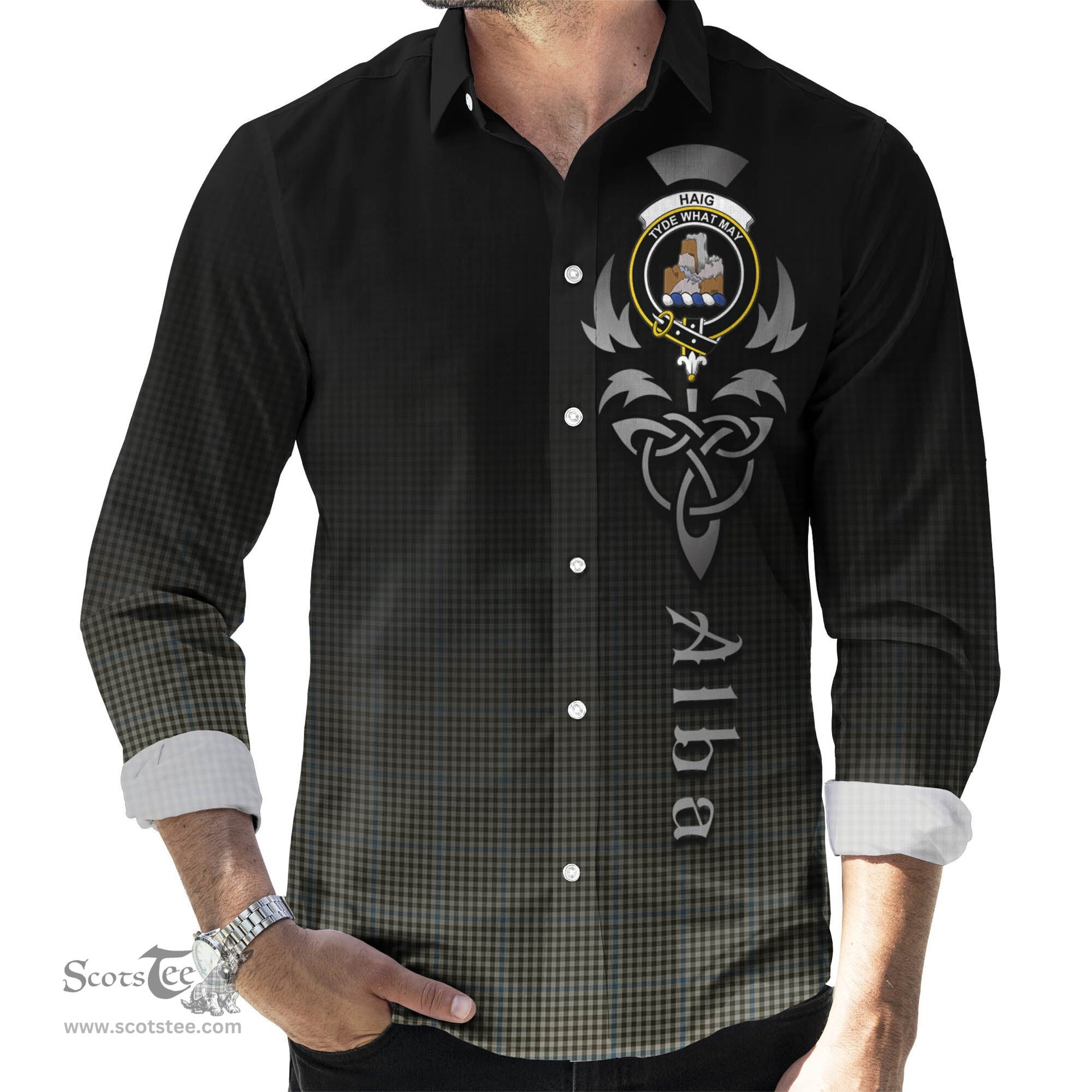 ScotsTee Shop Scottish Haig Clan Crest Tartan Alba Gu Brath Celtic Inspired Tartan Long Sleeve Shirt