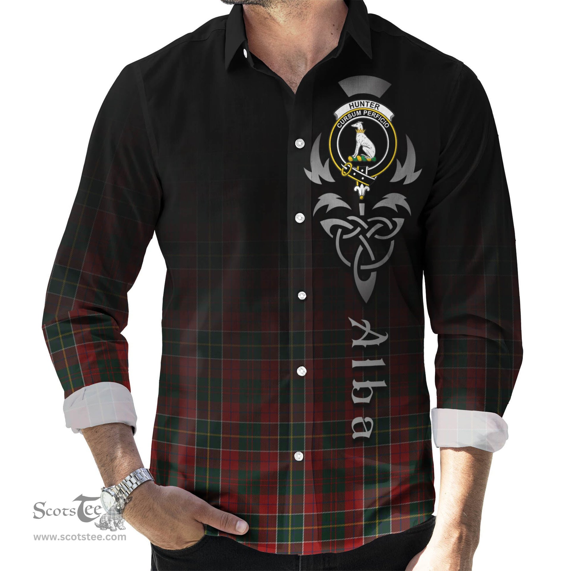 ScotsTee Shop Scottish Hunter USA Clan Crest Tartan Alba Gu Brath Celtic Inspired Tartan Long Sleeve Shirt