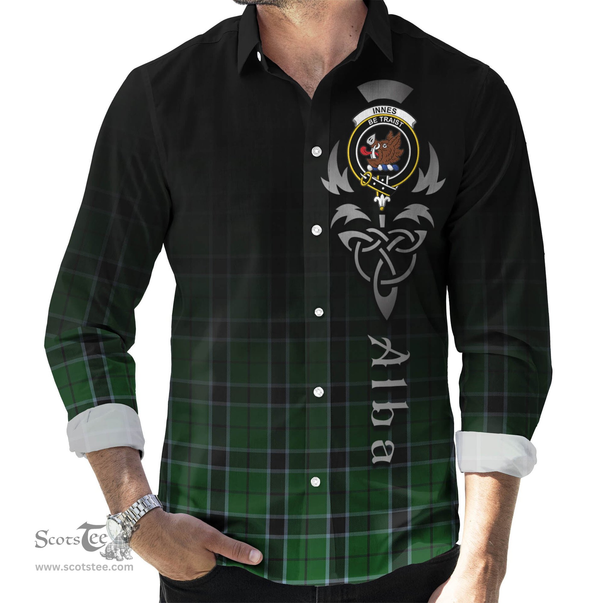 ScotsTee Shop Scottish Innes Hunting Clan Crest Tartan Alba Gu Brath Celtic Inspired Tartan Long Sleeve Shirt