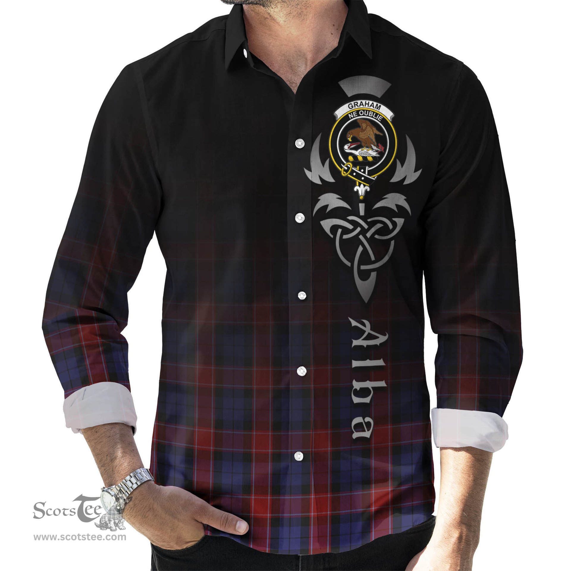 ScotsTee Shop Scottish Graham of Menteith Red Clan Crest Tartan Alba Gu Brath Celtic Inspired Tartan Long Sleeve Shirt