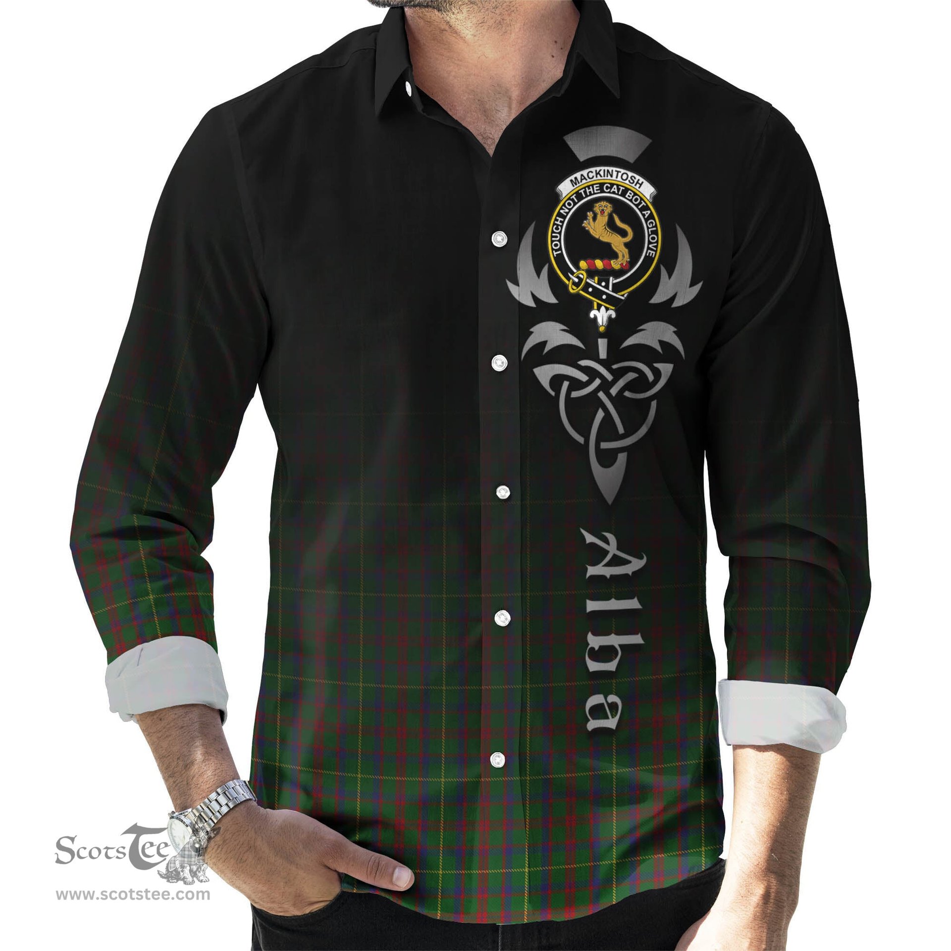 ScotsTee Shop Scottish MacKintosh Hunting Clan Crest Tartan Alba Gu Brath Celtic Inspired Tartan Long Sleeve Shirt