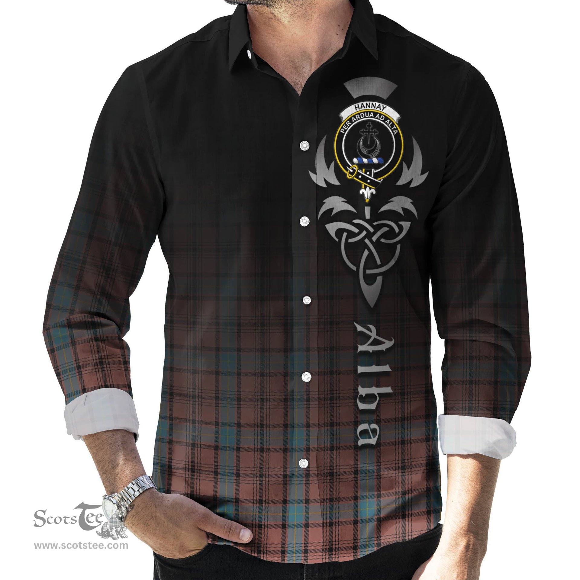 ScotsTee Shop Scottish Hannay Dress Clan Crest Tartan Alba Gu Brath Celtic Inspired Tartan Long Sleeve Shirt