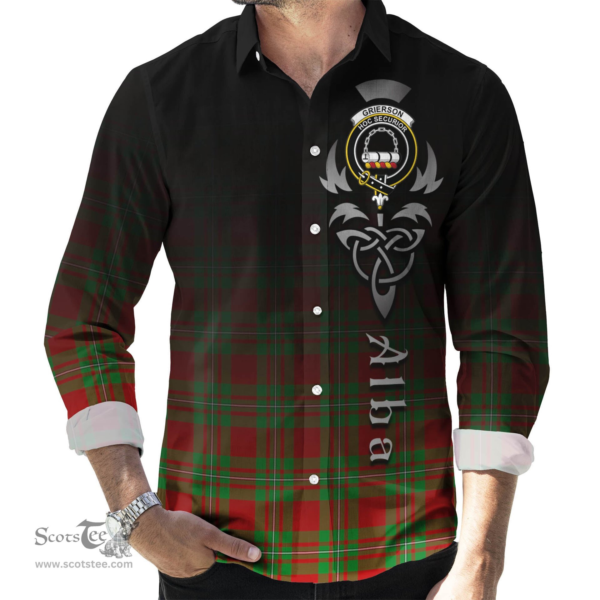 ScotsTee Shop Scottish Grierson Clan Crest Tartan Alba Gu Brath Celtic Inspired Tartan Long Sleeve Shirt