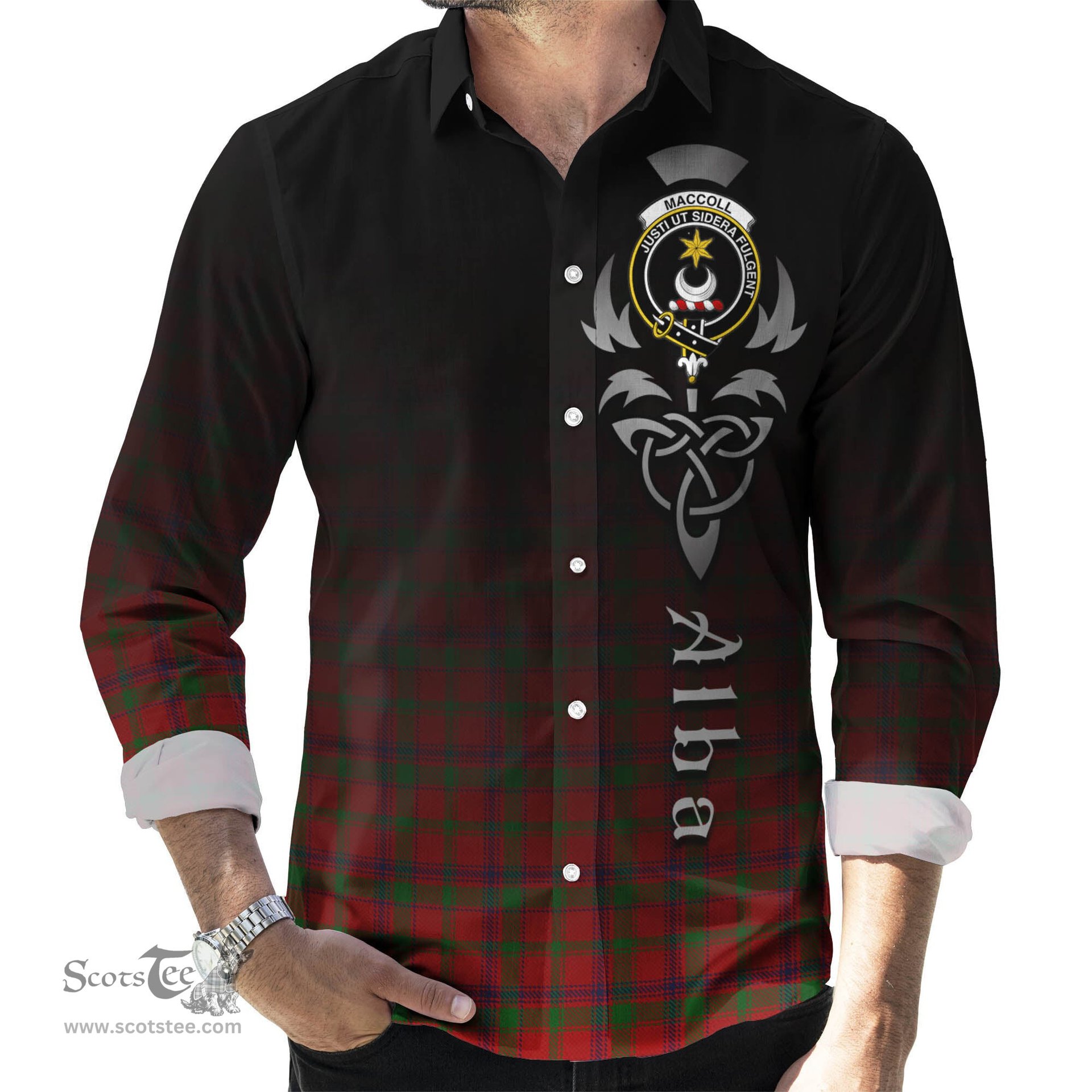 ScotsTee Shop Scottish MacColl Clan Crest Tartan Alba Gu Brath Celtic Inspired Tartan Long Sleeve Shirt