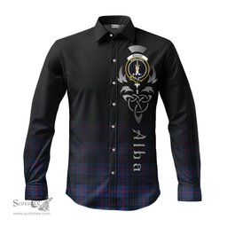 ScotsTee Shop Scottish MacKay Blue Modern Clan Crest Tartan Alba Gu Brath Celtic Inspired Tartan Long Sleeve Shirt