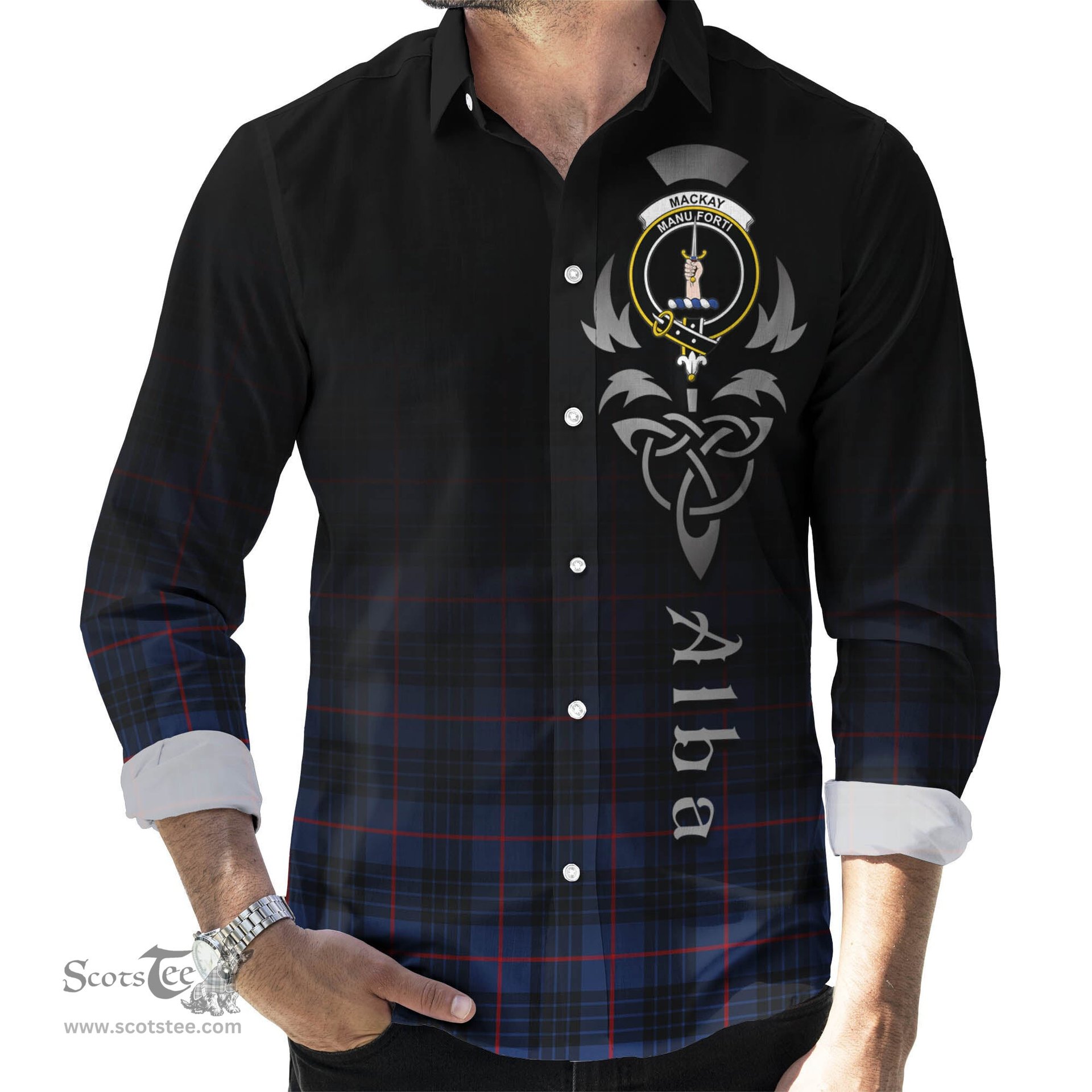 ScotsTee Shop Scottish MacKay Blue Modern Clan Crest Tartan Alba Gu Brath Celtic Inspired Tartan Long Sleeve Shirt