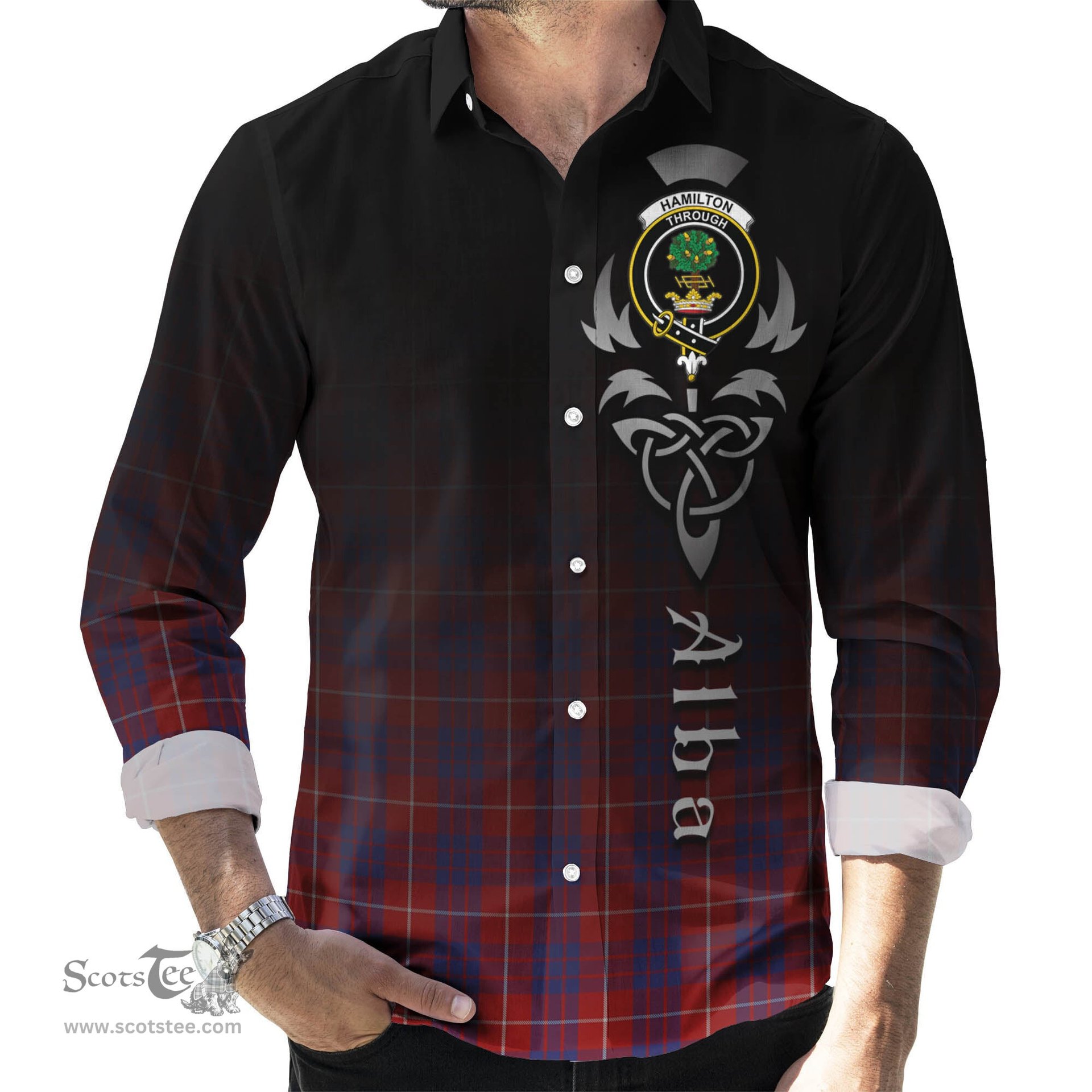 ScotsTee Shop Scottish Hamilton Clan Crest Tartan Alba Gu Brath Celtic Inspired Tartan Long Sleeve Shirt