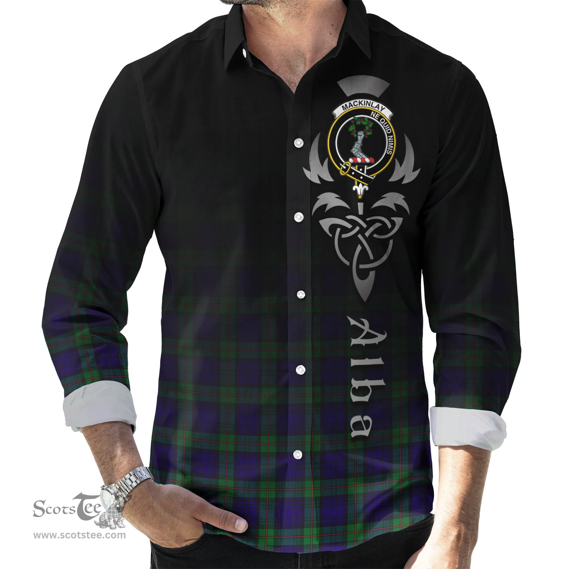 ScotsTee Shop Scottish MacKinlay Modern Clan Crest Tartan Alba Gu Brath Celtic Inspired Tartan Long Sleeve Shirt